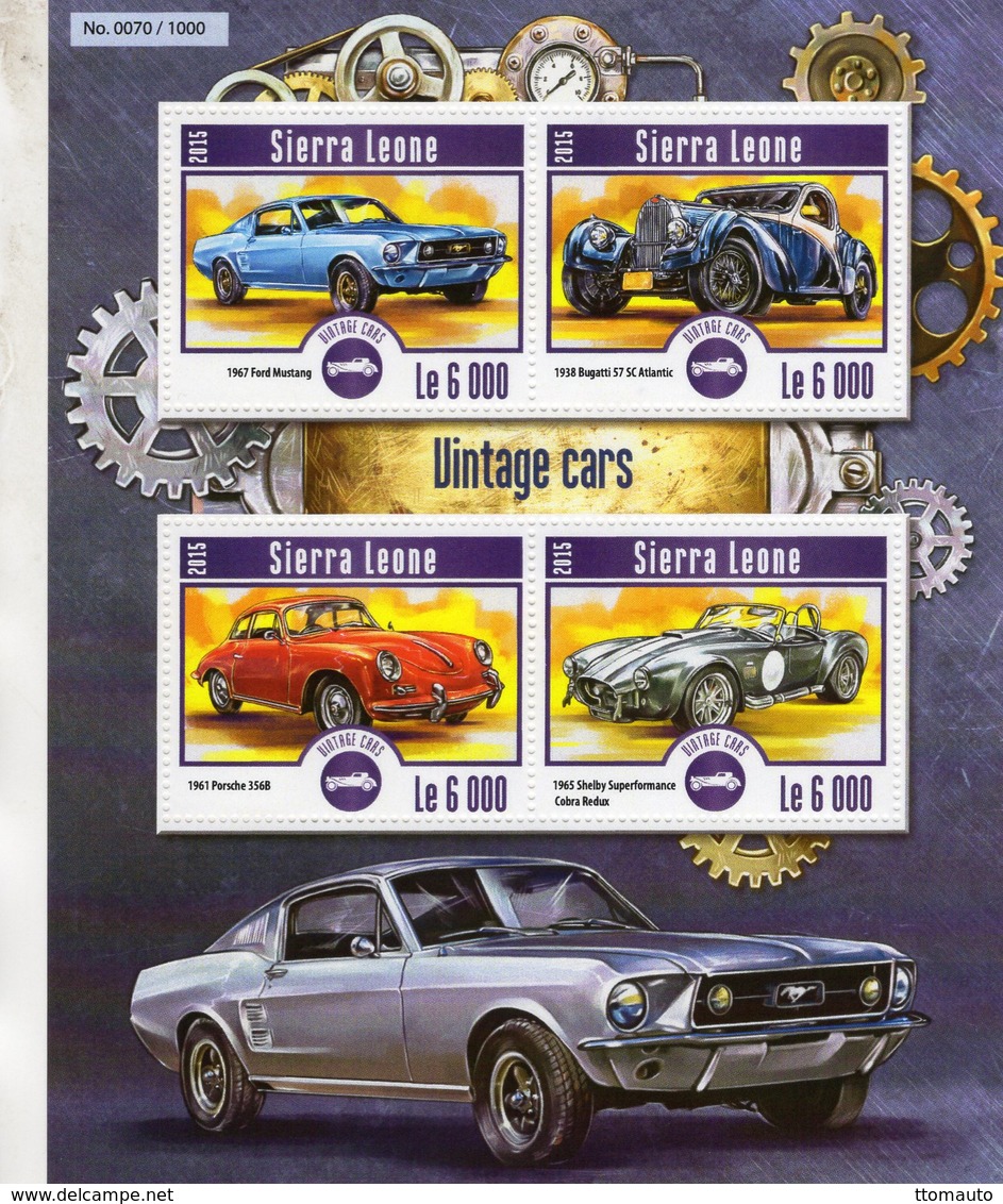 Sierra Leone - Vintage Cars - Ford Mustang-Bugatti 57SC-Porsche 356-Shelby Cobra  -   4v Feuillet   -  Neuf/Mint/MNH - Voitures