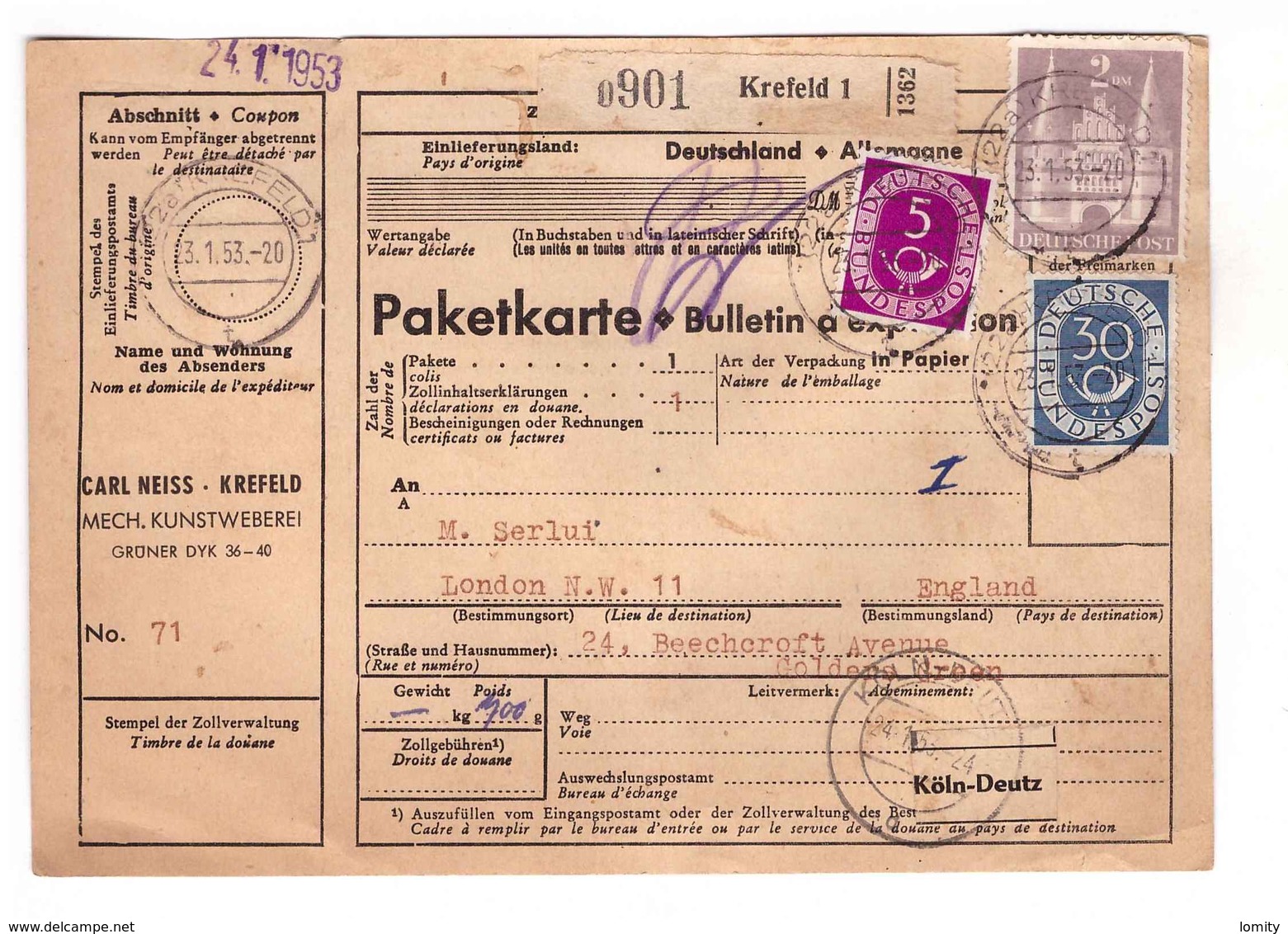 Allemagne 1953 Paketkarte Bulletin à Expédition Deutschland Cachet Krefeld 2dm 30pf 5pf Pour Londres London England - Briefe U. Dokumente