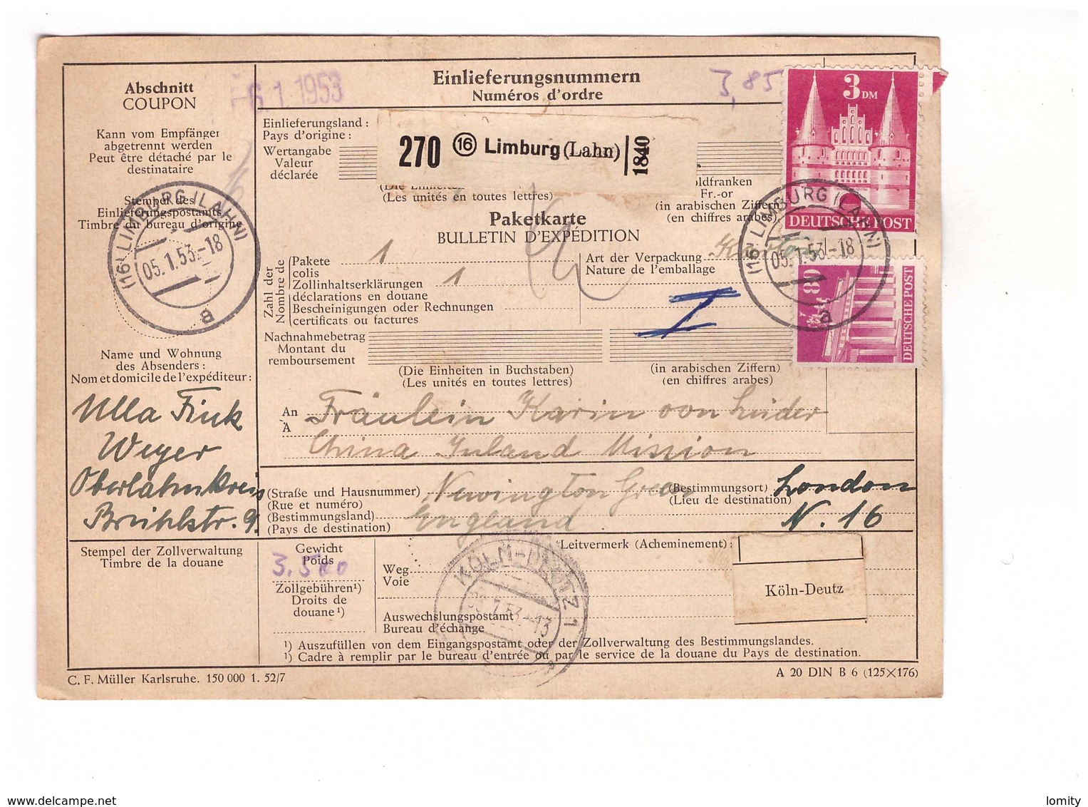 Allemagne 1953 Paketkarte Bulletin à Expédition Deutschland Cachet Limburg Lahn Koln Mit 3dm 80pf - Briefe U. Dokumente