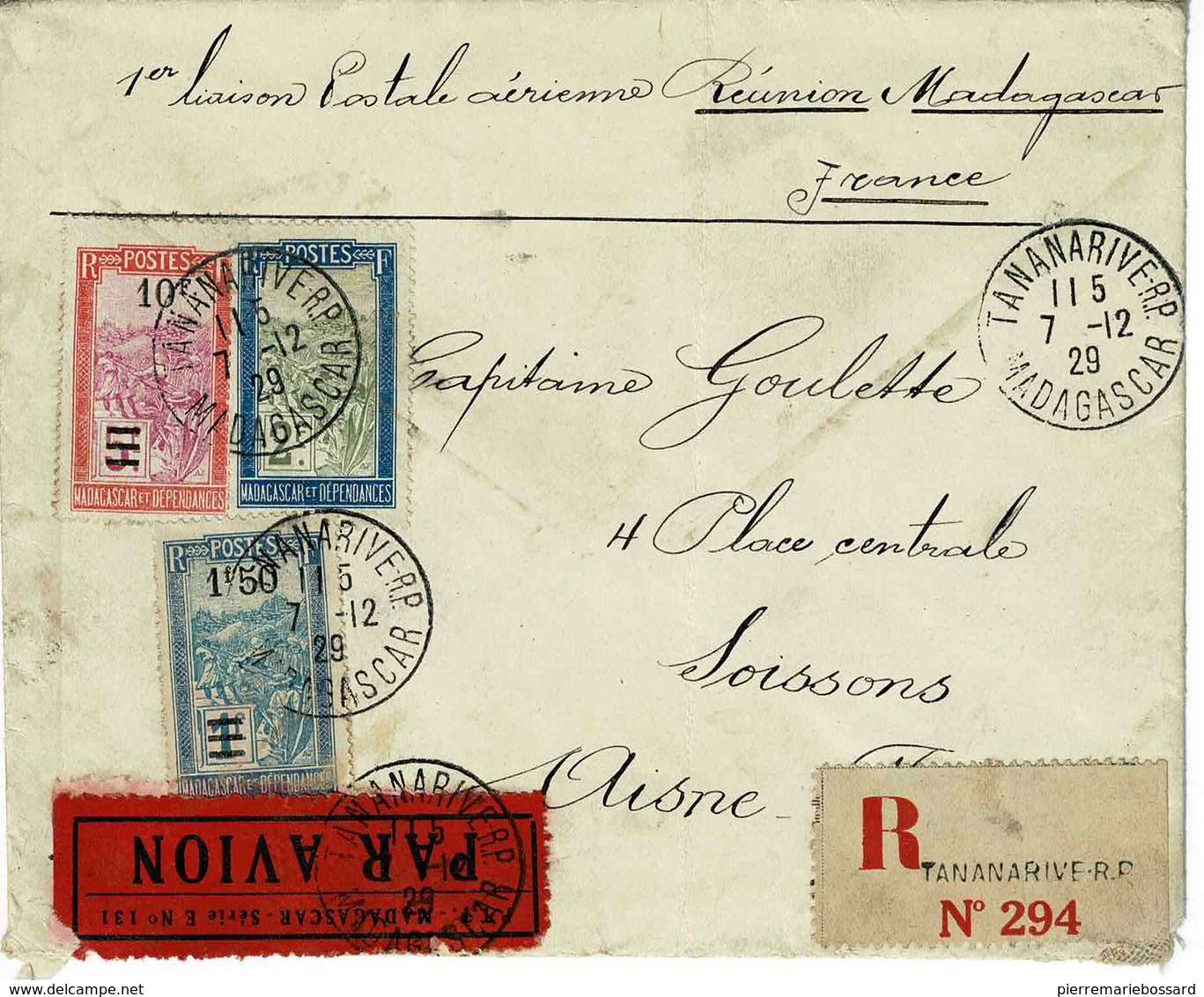 AVIATION 1 ER LIAISON POSTALE AERIENNE REUNION, MADAGASCAR, FRANCE 1929 -7- DEC - Lettres & Documents