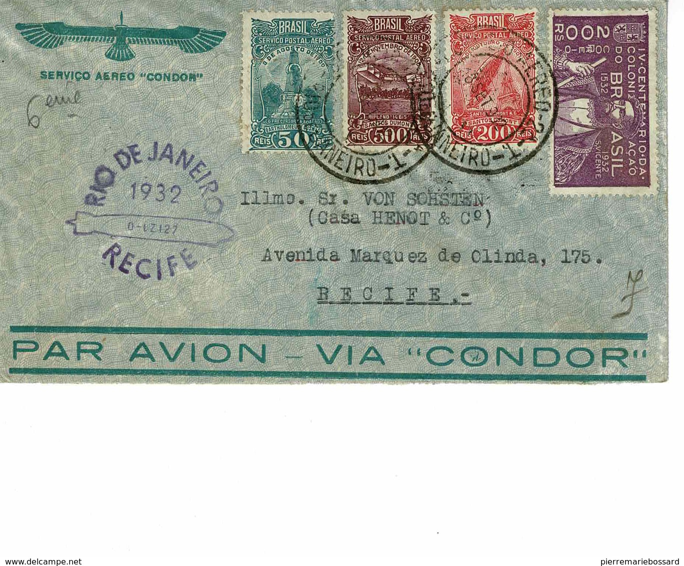 AVIATION ZEPLIN RIO DE JANEIRO 1932. RECIFE. AERO CONDOR - Lettres & Documents