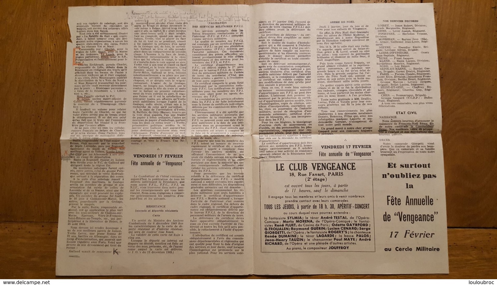 RESISTANCE LE COMBATTANT DE L'IDEAL LES ANCIENS DE VENGEANCE 2 FEUILLETS 1950 AVEC RESISTANTS NOMMES - Documents Historiques