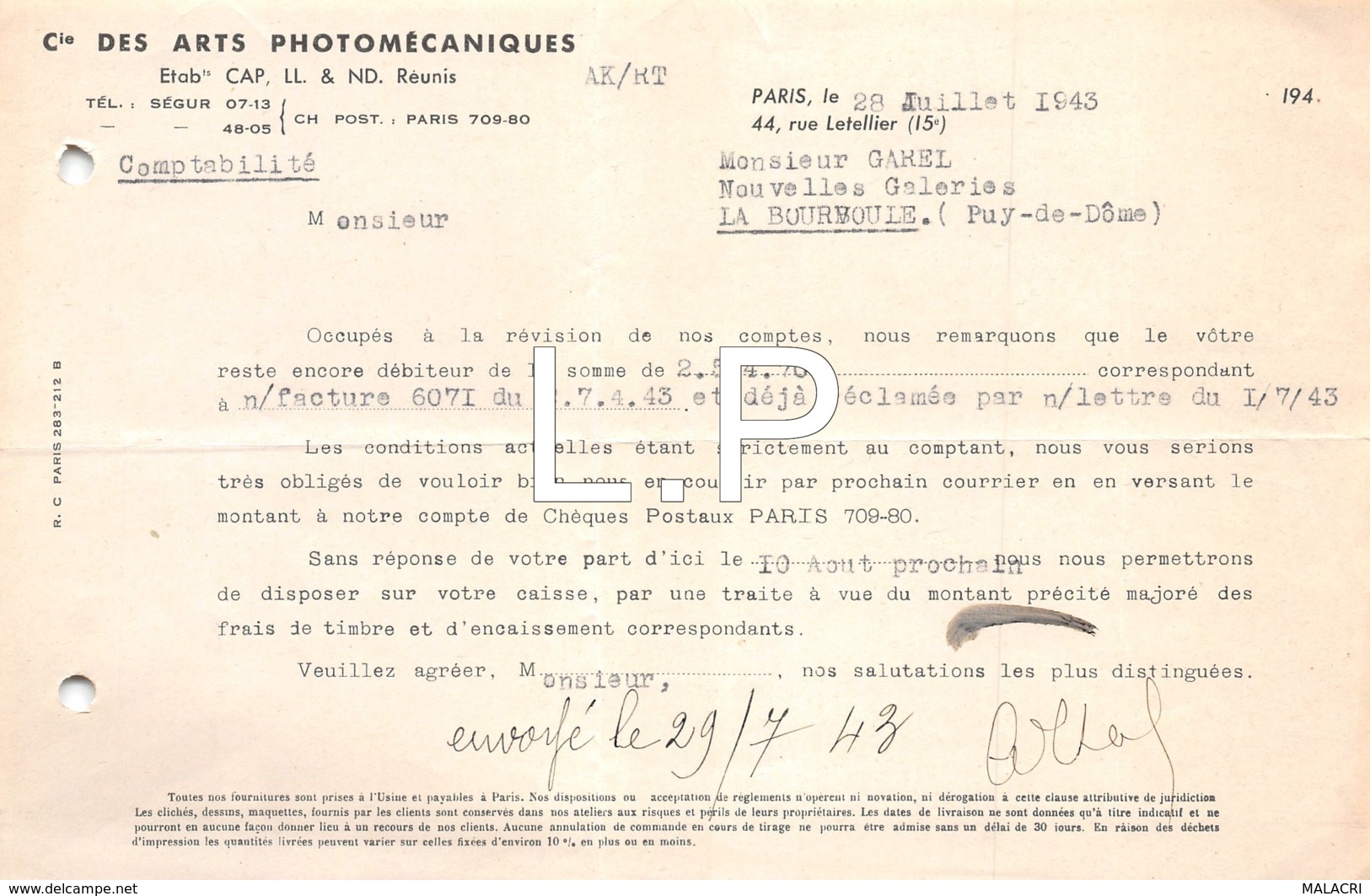 3-0672     1943      FACTURE PHOTOMECANIQUES A PARIS - M.GAREL A LA BOURMOULE - 1900 – 1949