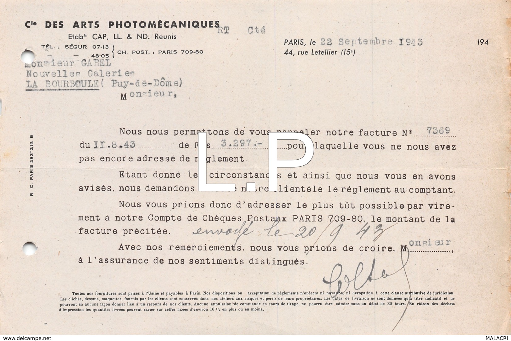 3-0673    1943       FACTURE PHOTOMECANIQUES A PARIS - M.GAREL A LA BOURMOULE - 1900 – 1949