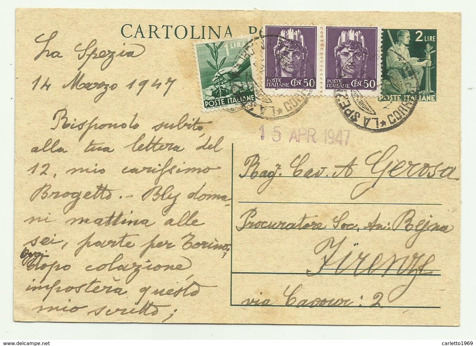 CARTOLINA POSTALE LIRE 2 CON AGGIUNTA DI 1 LIRA E 2 DA 50. CENT. 1947 FG - Usati