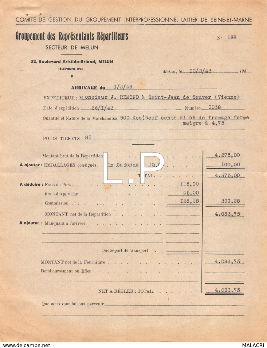 3-0882     1943      FACTURE GROUPEMENT DES REPRESENTANTS A MELUN - LAITERIE D AGREMONT A SAINT JEAN DE SAUVES - 1900 – 1949