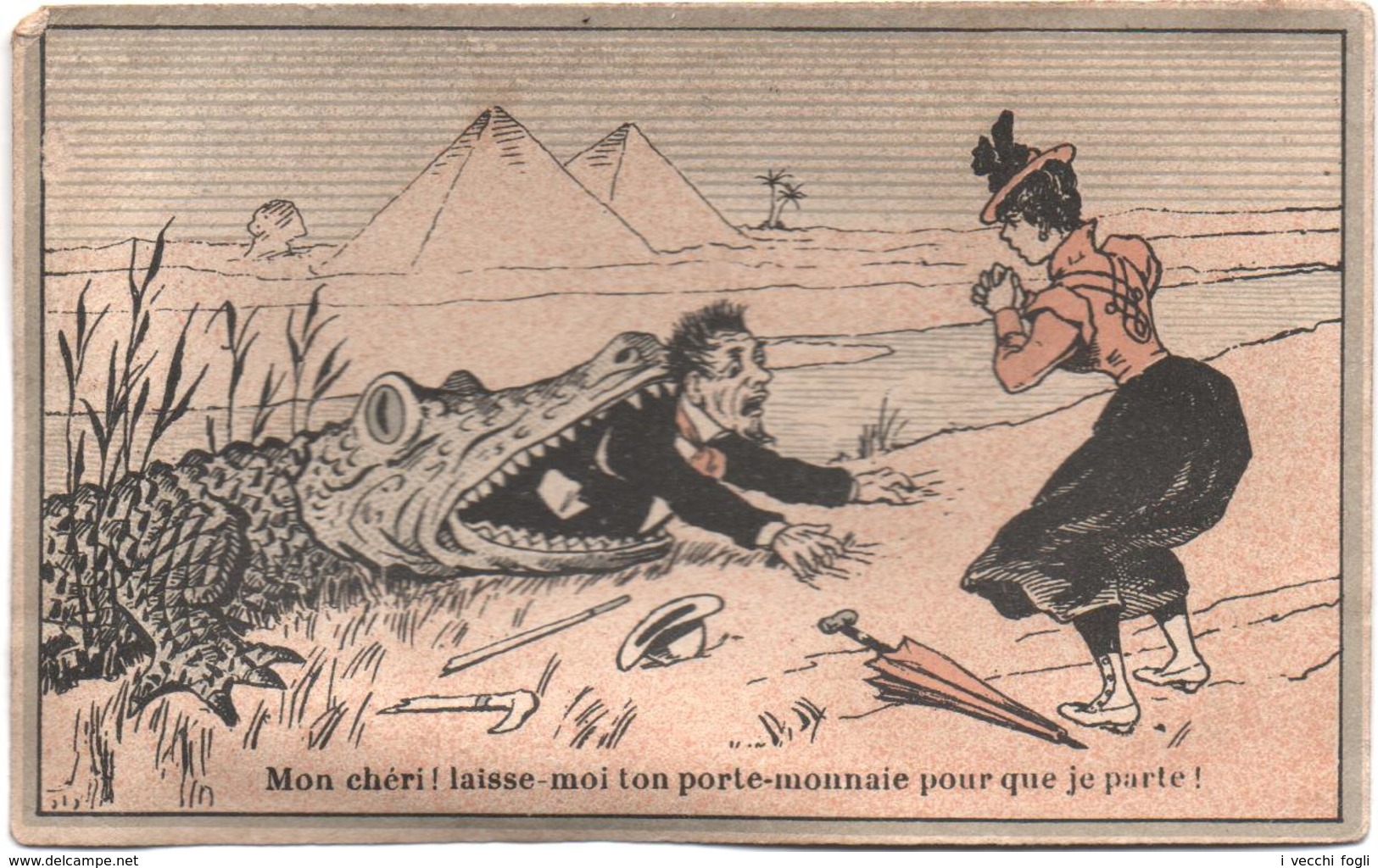 Chromo, Victorian Trade Card. Le Crocodile Du Nil Dévore Un Touriste. Coccodrillo Del Nilo Divora Un Turista. - Autres & Non Classés