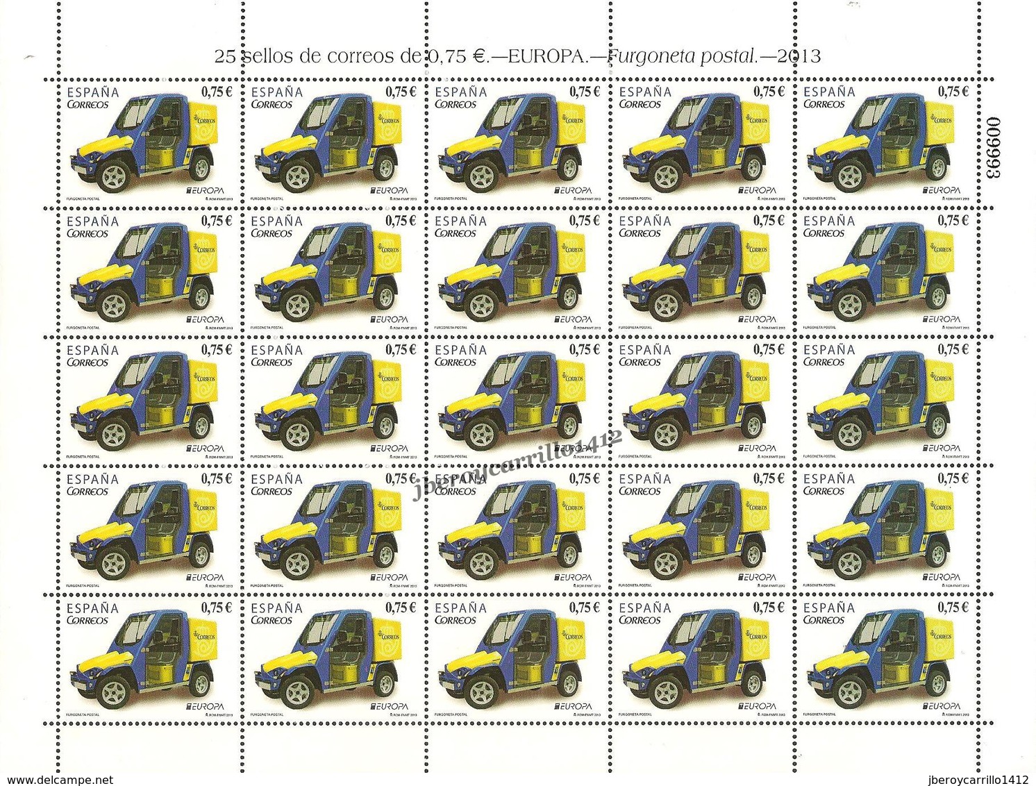 SPAIN / ESPAÑA .- EUROPE 2013 - ANNUAL THEME " THE POSTAL VAN"-  SHEET Of 25 STAMPS MINT - 2013