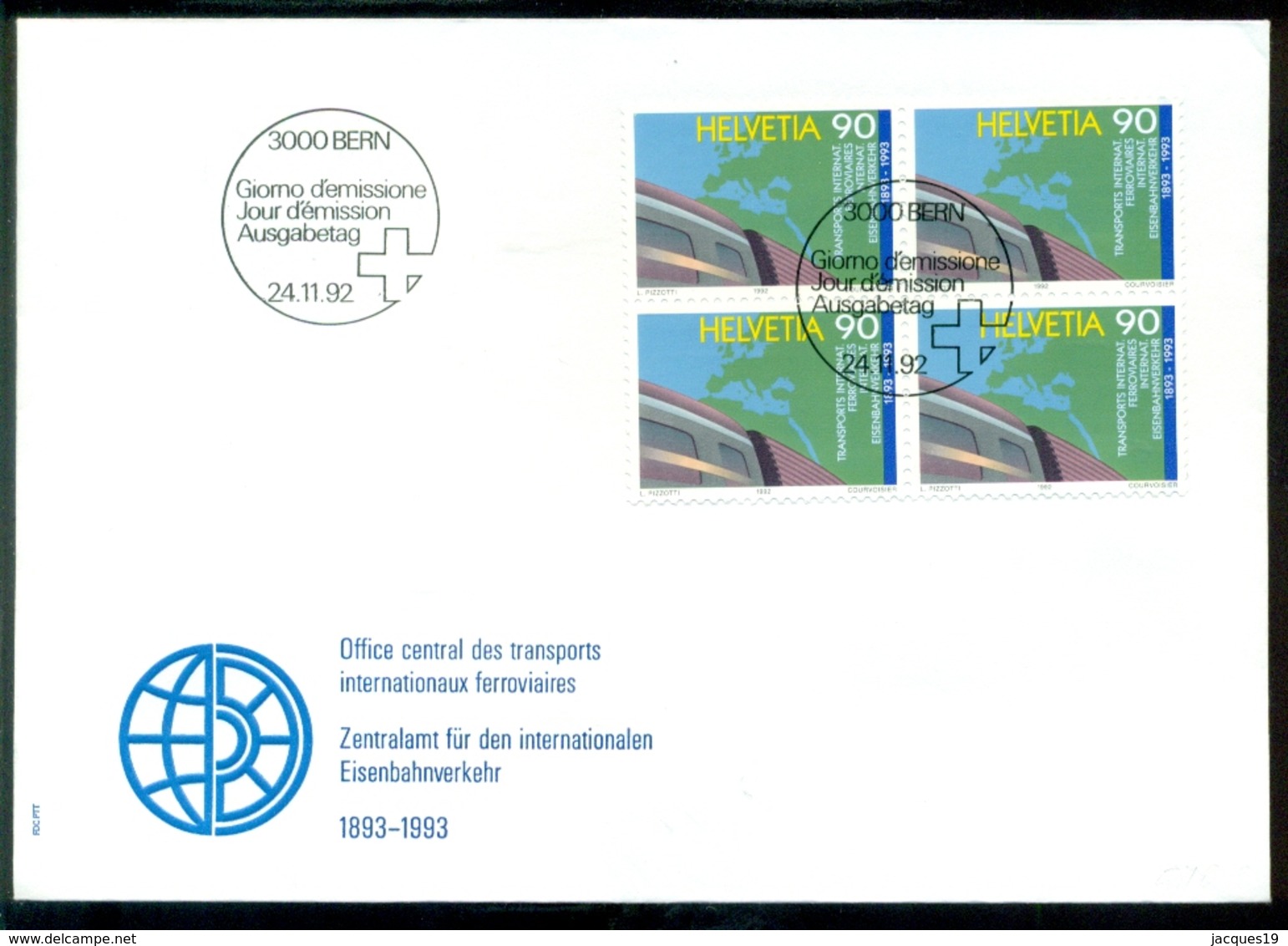 Schweiz 1992 FDC 100 Jahre Zentralamt Für Den Internationalen Eisenbahnverkehr Mi 1488 (4) - FDC