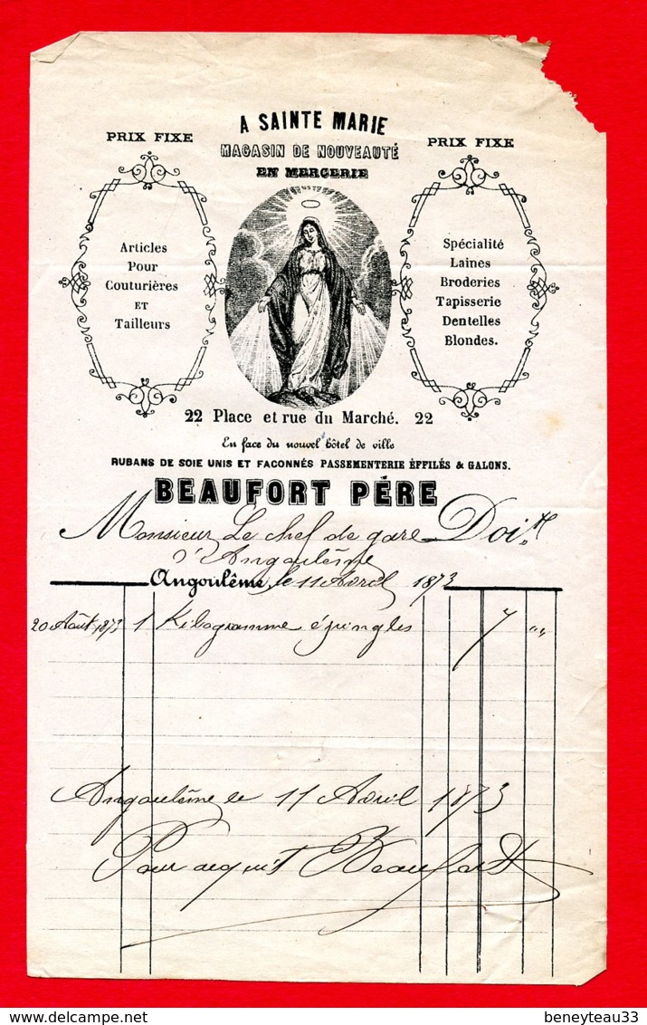 FACTURE (Réf : D741) A SAINTE MARIE MAGASIN DE NOUVEAUTÉ EN MERCERIE BEAUFORT PÈRE ANGOULÊME - 1800 – 1899