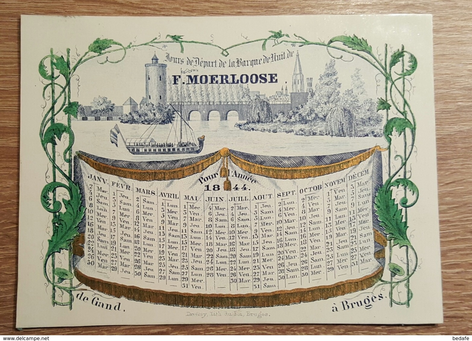 CARTE PORCELAINE F. MOERLOOSE JOURS DE DEPART DE LA BARQUE DE NUIT DE GAND A BRUGES POUR L'ANNEE 1844  14,5 Cm X 10,8 Cm - Cartes Porcelaine