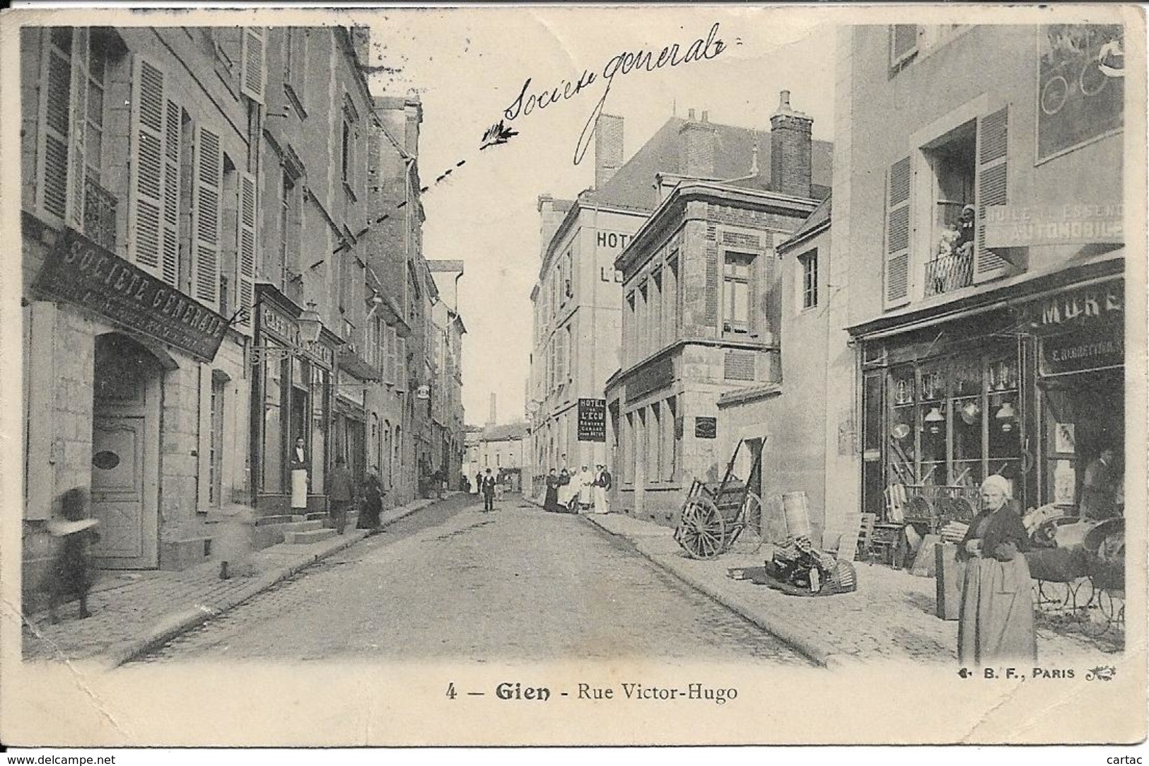 D45 - GIEN - RUE VICTOR HUGO - Société Générale-Café Du Commerce-Hôtel De L'Ecu-E. Regrettier-Charrette - Gien