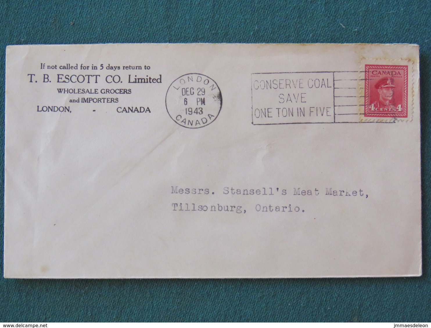 Canada 1943 Cover London To Tillsonburg - Grocers Logo - King George VI - Coal Saving Slogan - Lettres & Documents