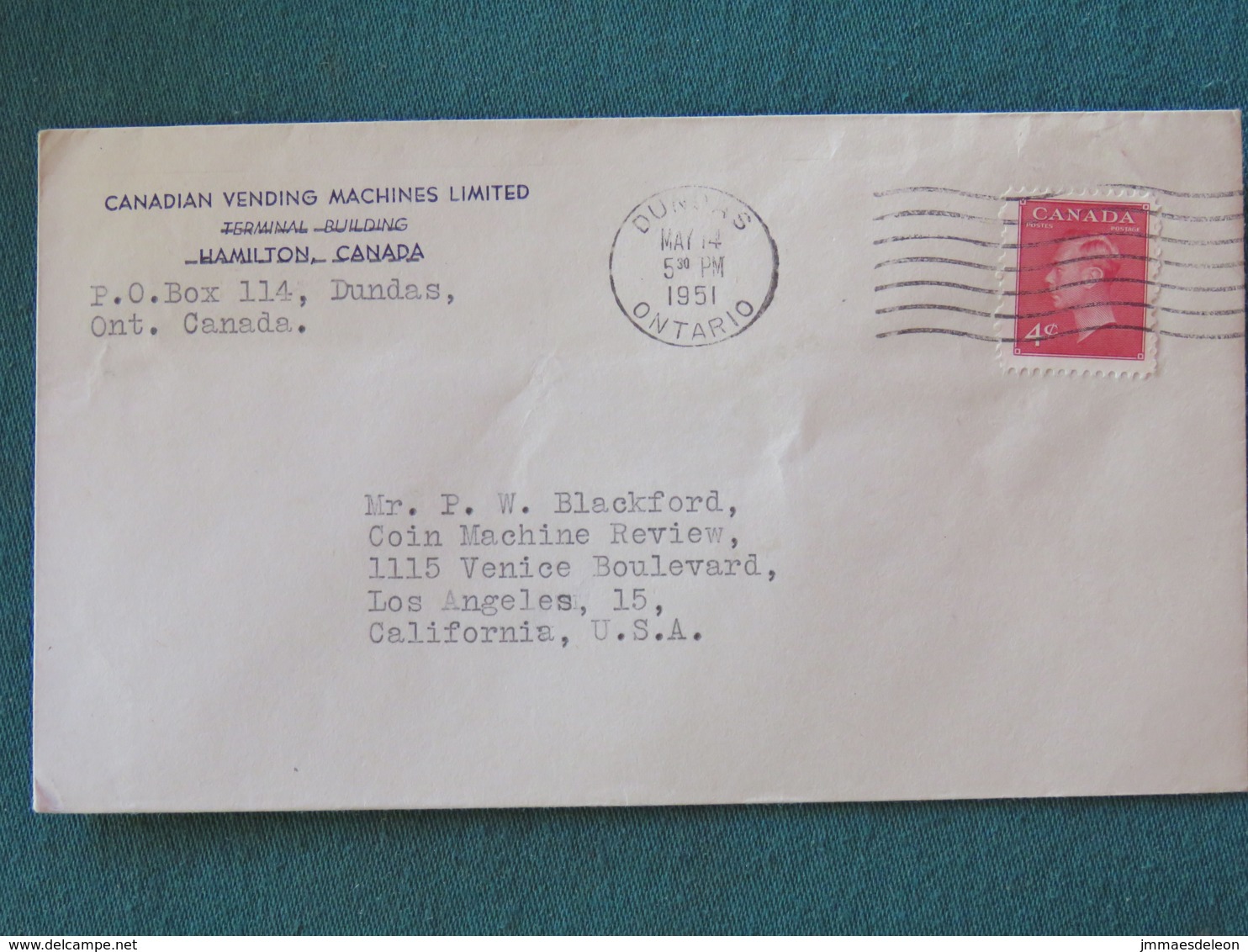 Canada 1951 Cover Dundas To Los Angeles - Vending Machines Logo - Coin Machines Adress - King George VI - Lettres & Documents