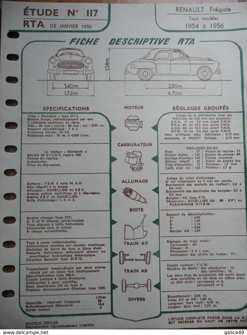 Fiche "Revue Technique Automobile" (RTA) Janvier 1956 - Renault Frégate Tous Modèles 1954 à 1956. - Auto