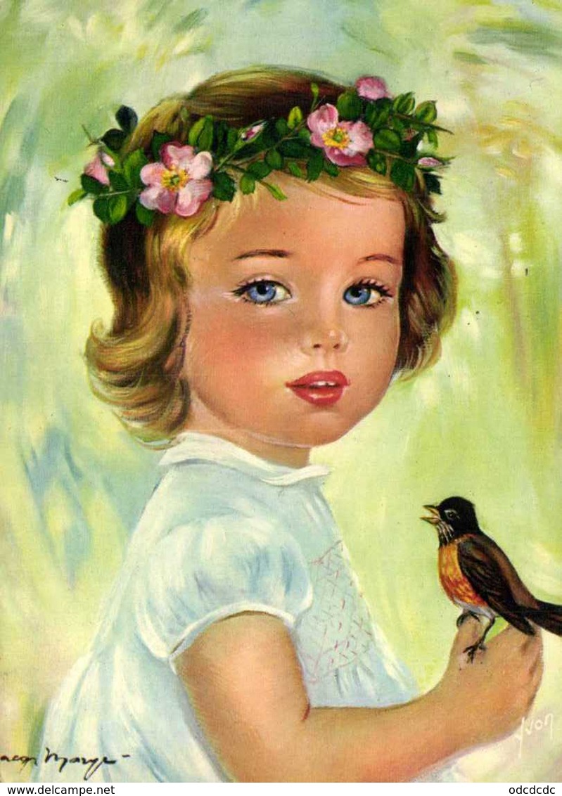 Illustrateur Signé PETITE FILLE DE FRANCE Portrait Fillette Couronne De Roses Oiseau RV - Portraits