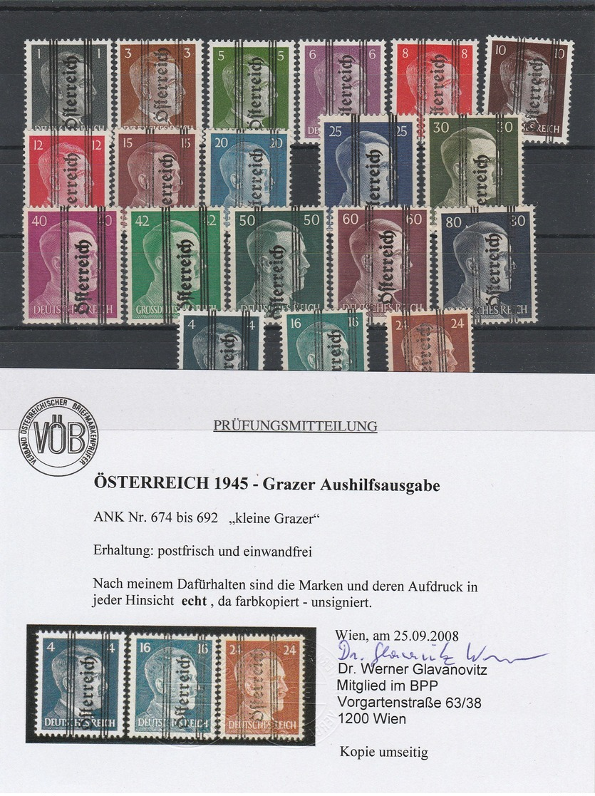 Grazer Mi. Nr. 674 - 692 Postfrisch Mit Befund Dr. Glavanovitz - Neufs