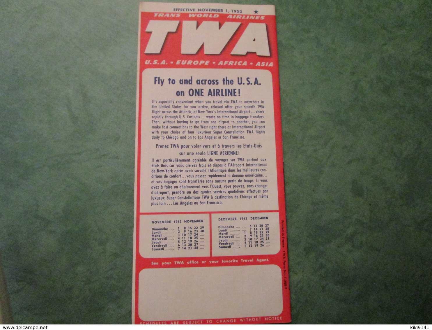 TWA - Fly To And Across The U.S.A. On ONE AIRLINE! - Effective November 1, 1953 (12 Pages) - Horarios