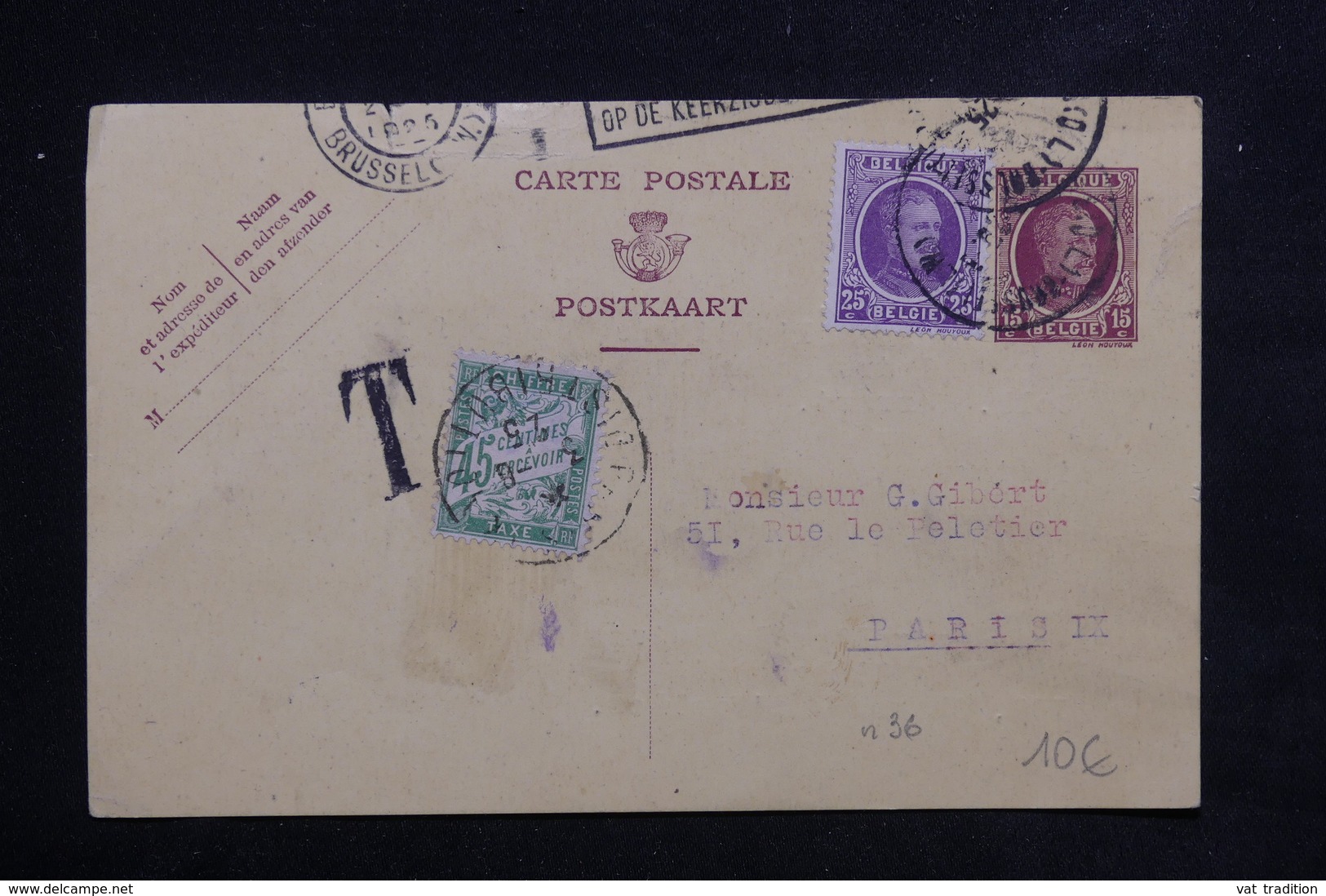 FRANCE - Taxes De Paris Sur Entier Postal De Belgique En 1925 - L 22501 - 1859-1959 Lettres & Documents