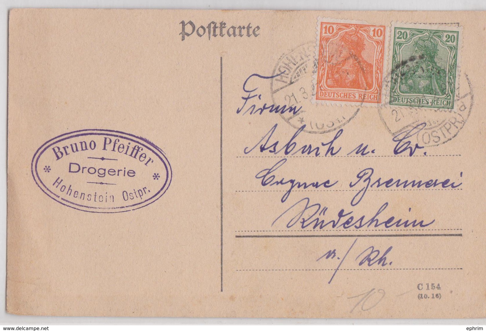 BRUNO PFEIFFER DROGERIE HOHENSTEIN OSTPREUSSEN DEUTSCHE POLEN POSTKARTE 21.03.1921 TO RÜDESHEIM OLSZTYNEK POLSKA POLAND - Sonstige & Ohne Zuordnung