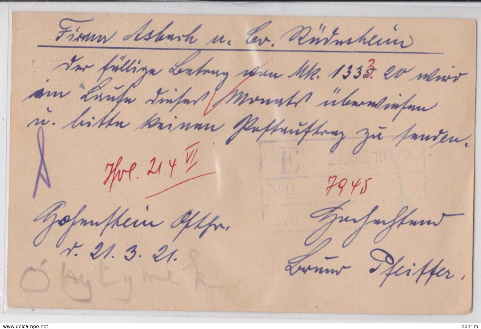 BRUNO PFEIFFER DROGERIE HOHENSTEIN OSTPREUSSEN DEUTSCHE POLEN POSTKARTE 21.03.1921 TO RÜDESHEIM OLSZTYNEK POLSKA POLAND - Sonstige & Ohne Zuordnung