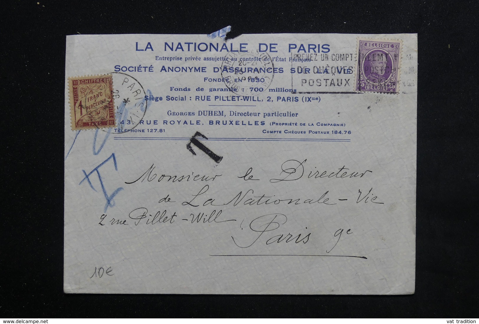 FRANCE - Taxe De Paris Sur Enveloppe Commerciale De Belgique - L 22533 - 1859-1959 Lettres & Documents