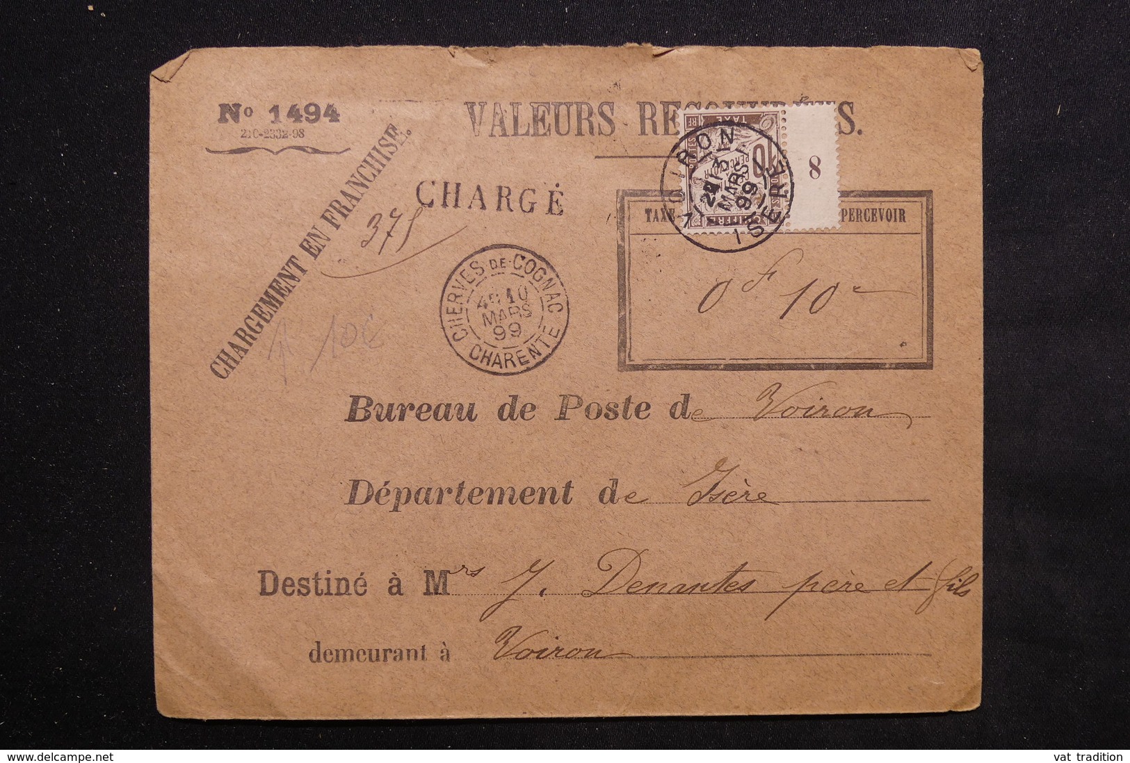 FRANCE - Affranchissement Taxe De Voiron Sur Enveloppe Valeurs Recouvrées En 1899 , Griffe Chargé - L 22537 - 1859-1959 Lettres & Documents