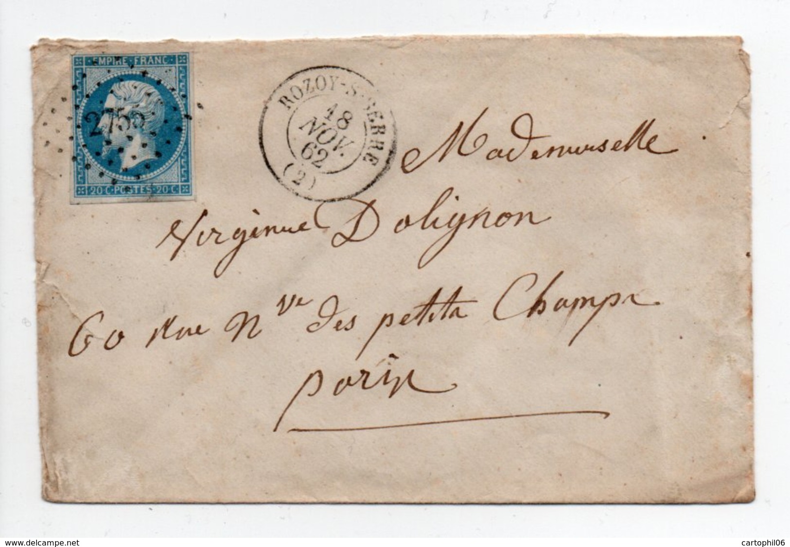 - Lettre ROZOY-SUR-SERRE (Aisne) Pour PARIS 18.11.1862 - 20 C. Bleu Napoléon III Oblitéré Losange PC 2755 - - 1849-1876: Période Classique