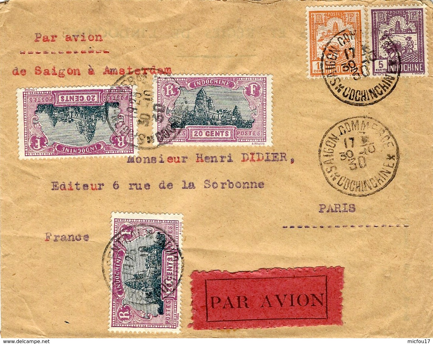 30-10-30 -enveloppe Par Avion De SAIGON COMMERCE  " De Saïgon à Amsterdam"  Pour Paris - Poste Aérienne