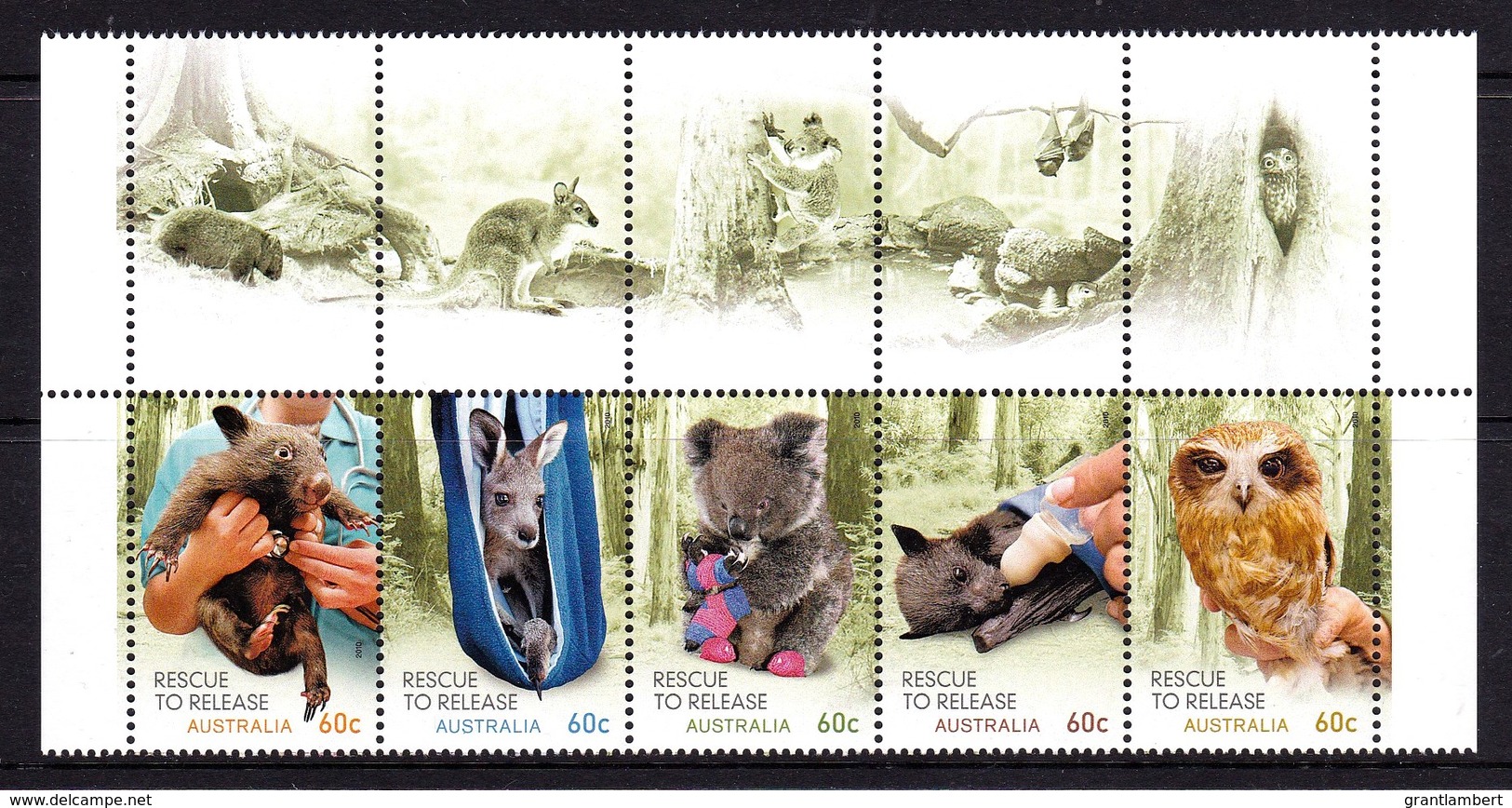 Australia 2010 Wildlife Caring - Rescue To Release Gutter Strip Of 5 MNH - Mint Stamps