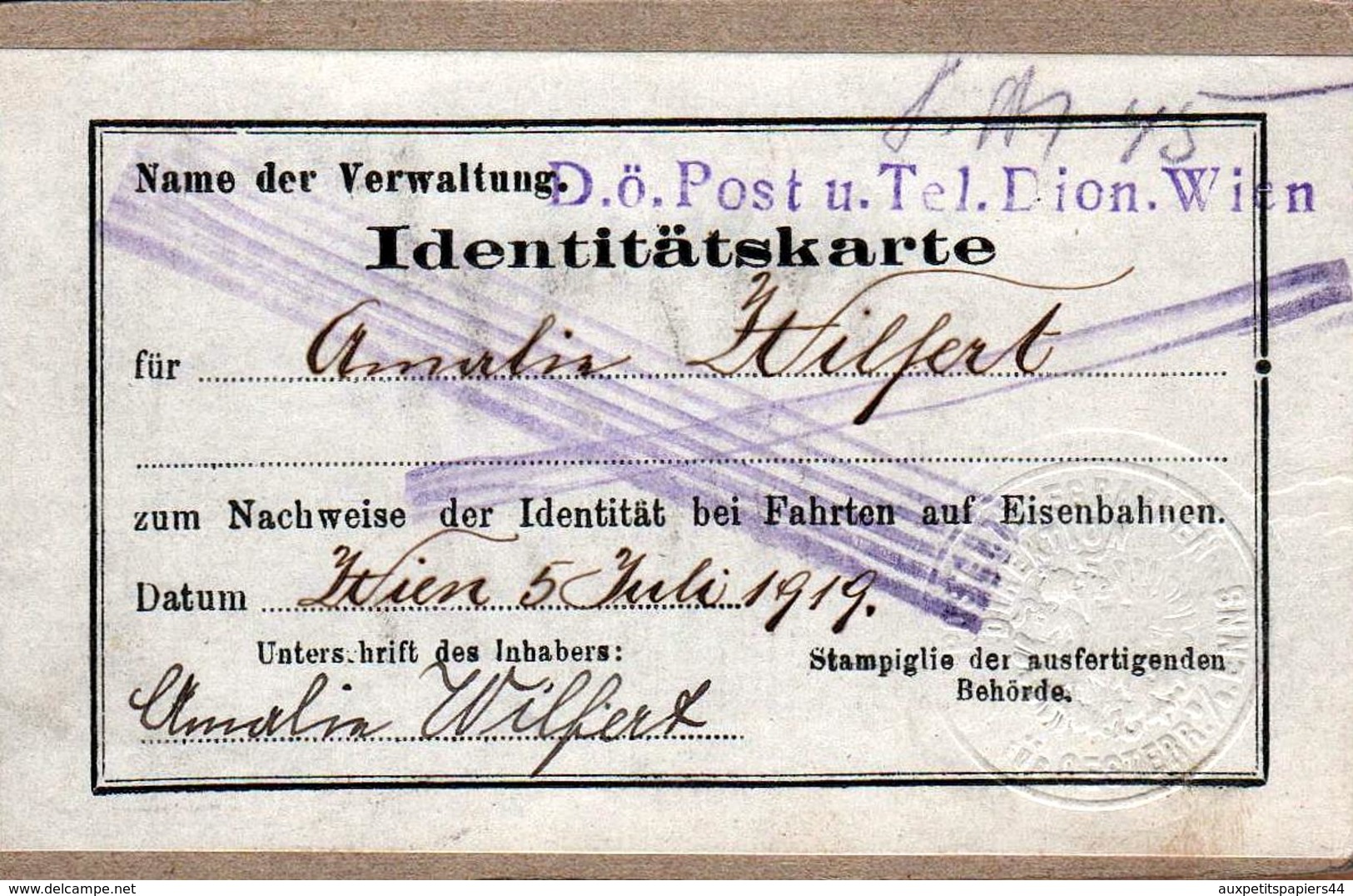 Carte D'identité Originale - Identitätskarte De Amelia Wilfert à Vienne Le 05.07.1919 - Tampon & Cachet Sur Photo - Wien - Documents Historiques