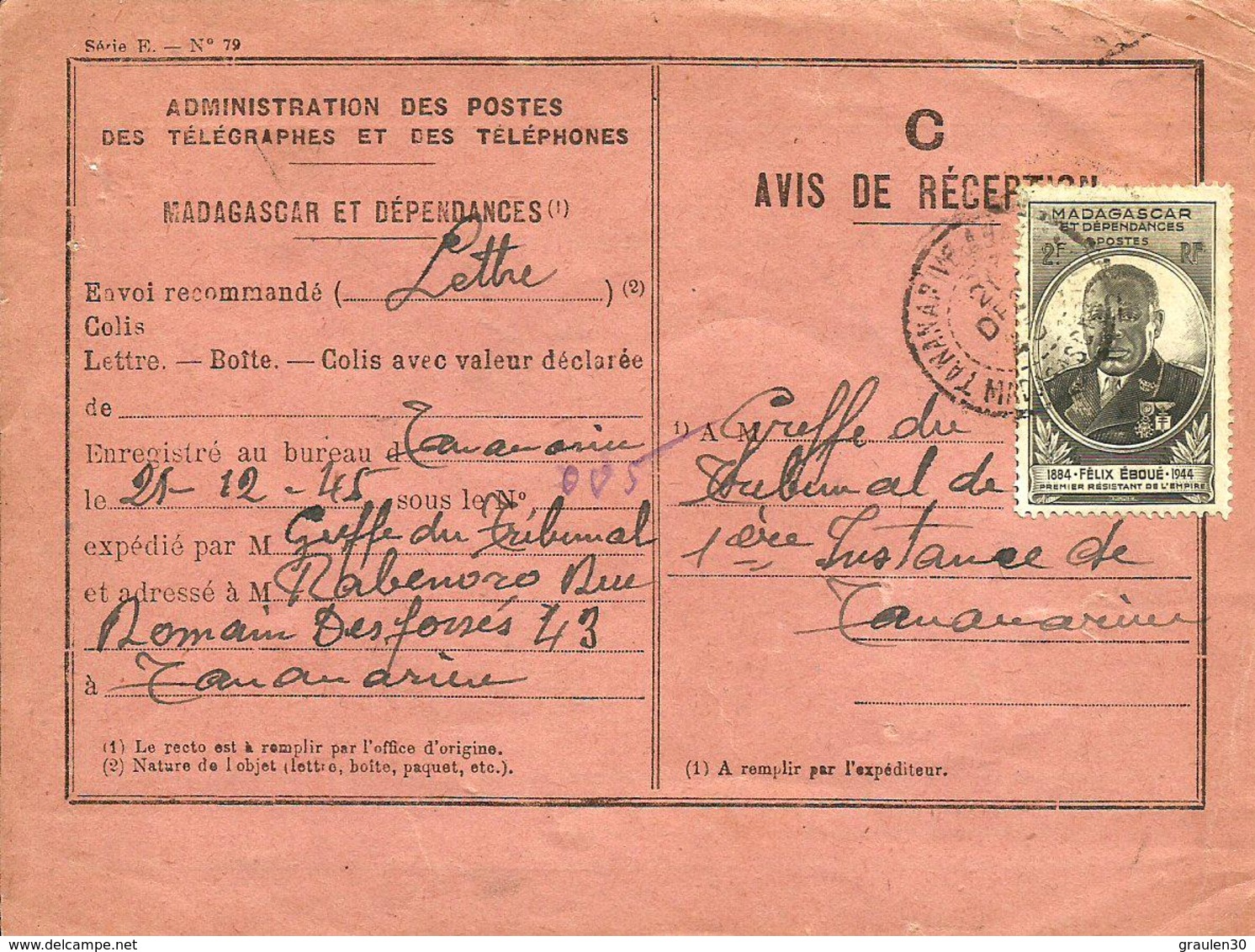 Sur AVIS De RECEPTION De TANANARIVE -1945 - - Lettres & Documents