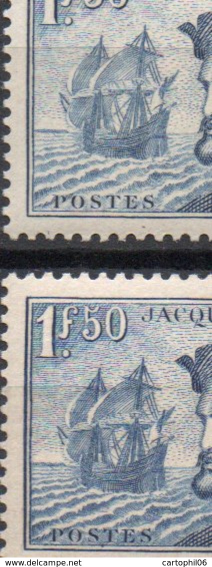 - FRANCE N° 297 + 297a Neufs ** - 1 F. 50 Bleu Jacques Cartier 1934 - Type I + Type II - Cote 465 EUR - - Neufs