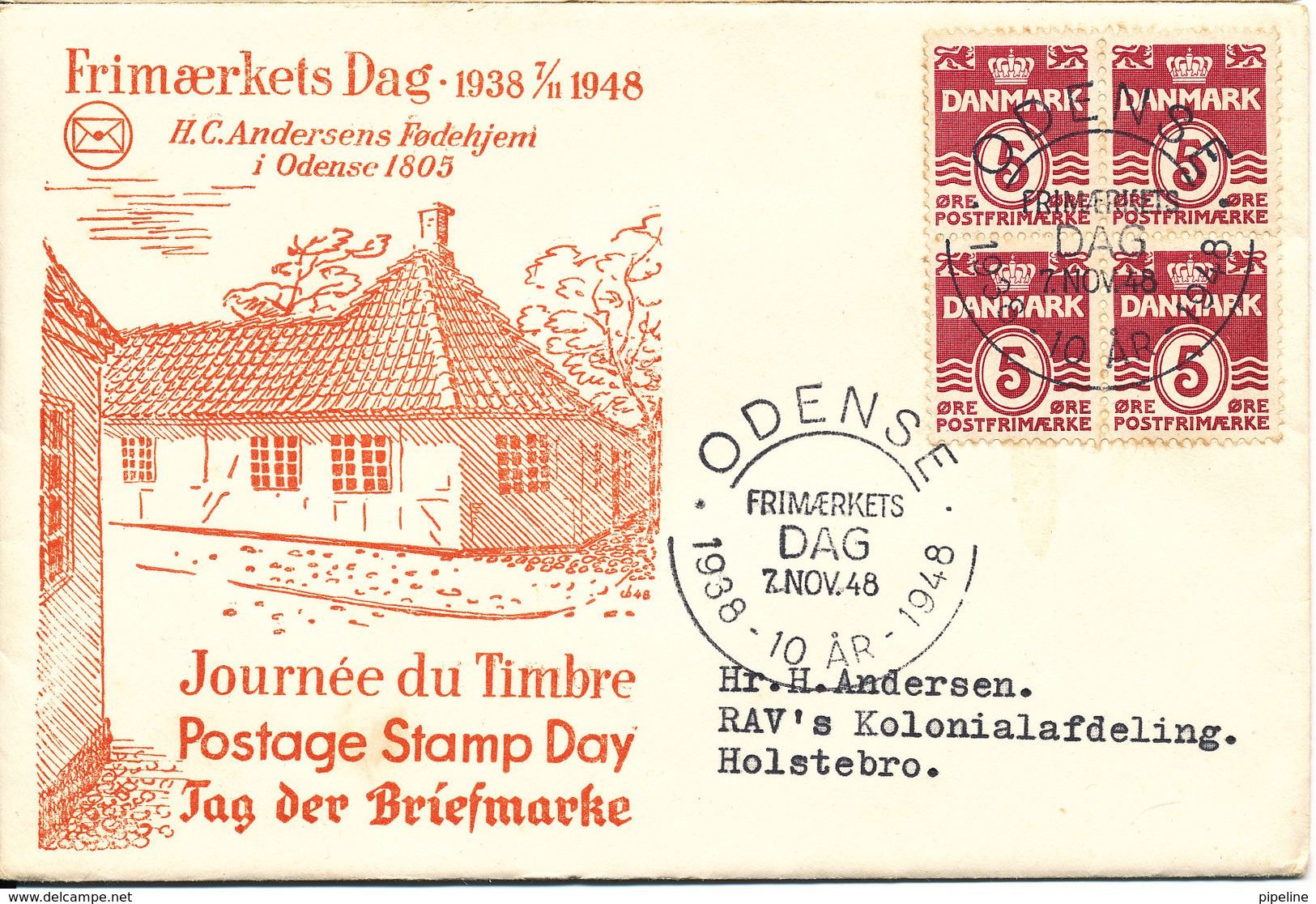 Denmark Cover Stamp's Day Odense 7-11-1948 With Cachet The Birthplace Of Hans Christian Andersen In Odense 1805 - Día Del Sello