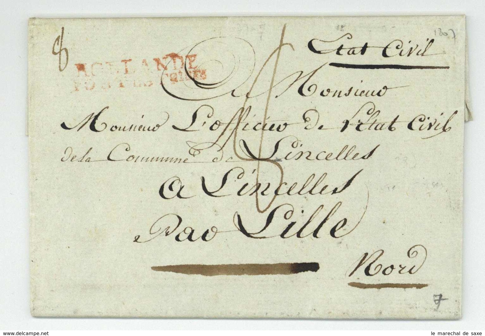 HOLLANDE POSTES FRANCOISES Lettre Militaire ARNHEM Lincelles 1807 72e Regiment D'infanterie Catteau - Army Postmarks (before 1900)