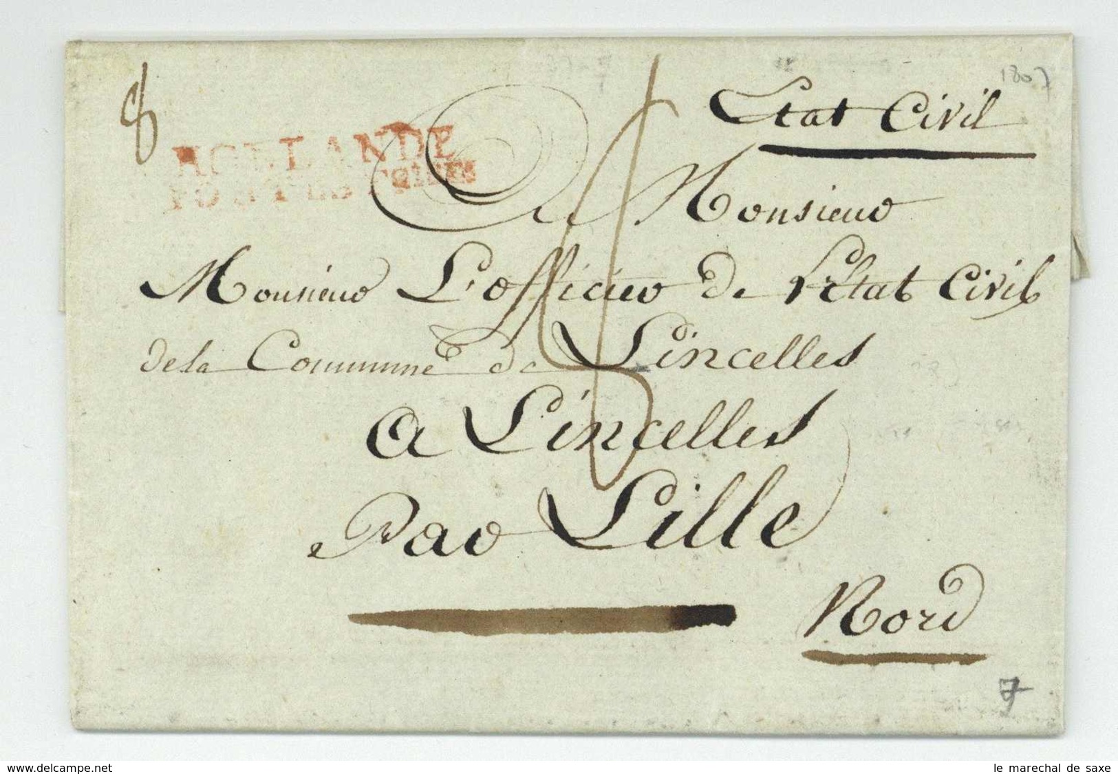 HOLLANDE POSTES FRANCOISES Lettre Militaire ARNHEM Lincelles 1807 72e Regiment D'infanterie Catteau - Armeestempel (vor 1900)