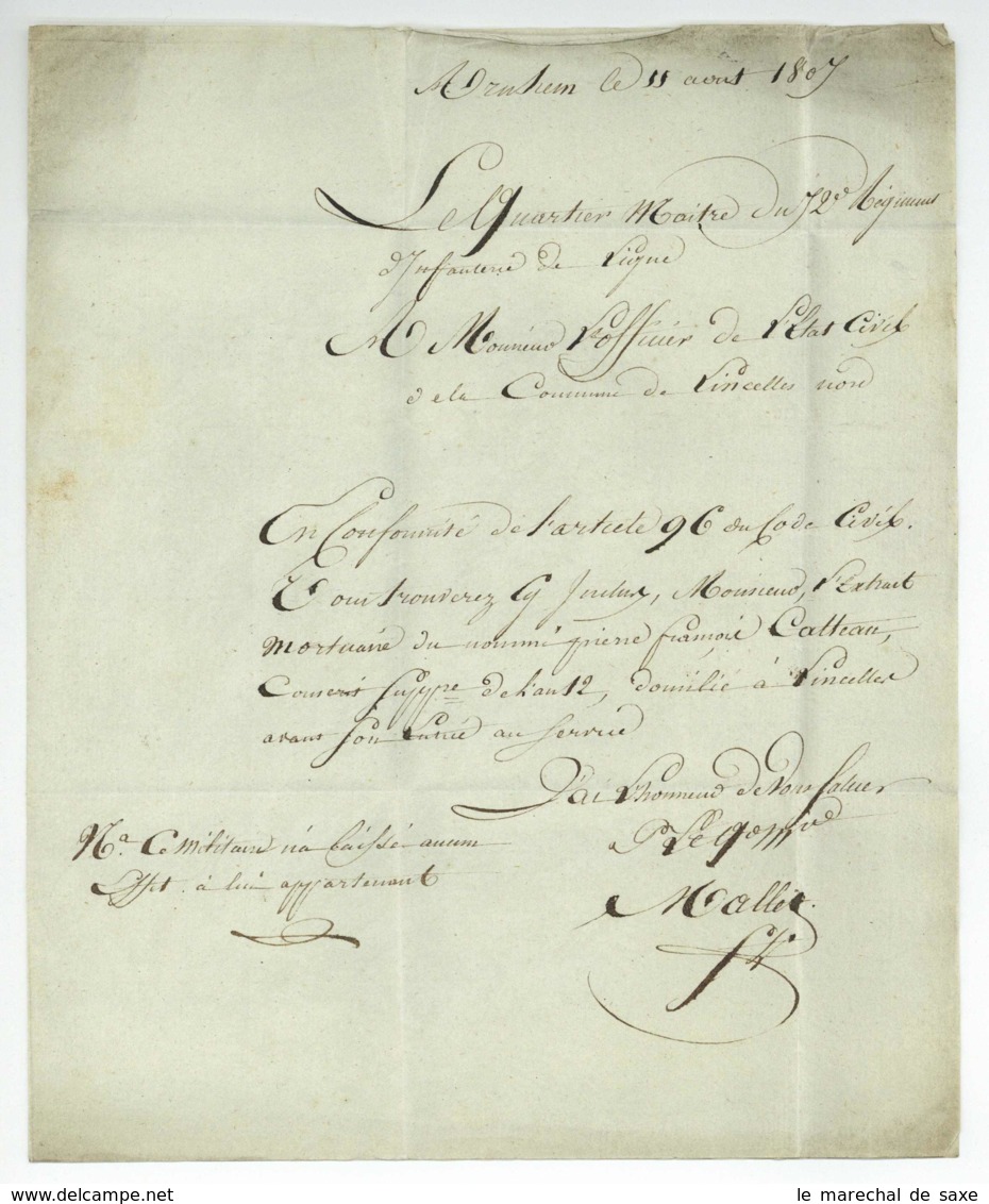 HOLLANDE POSTES FRANCOISES Lettre Militaire ARNHEM Lincelles 1807 72e Regiment D'infanterie Catteau - Armeestempel (vor 1900)