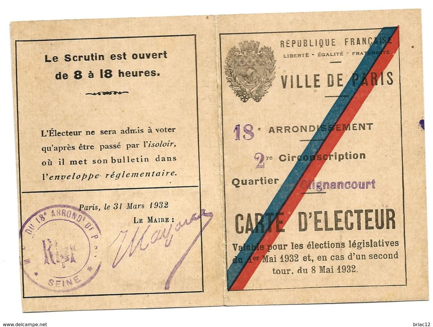 Carte D'électeur De La Ville De Paris 18ème Arrondissement De 1932 - Collections