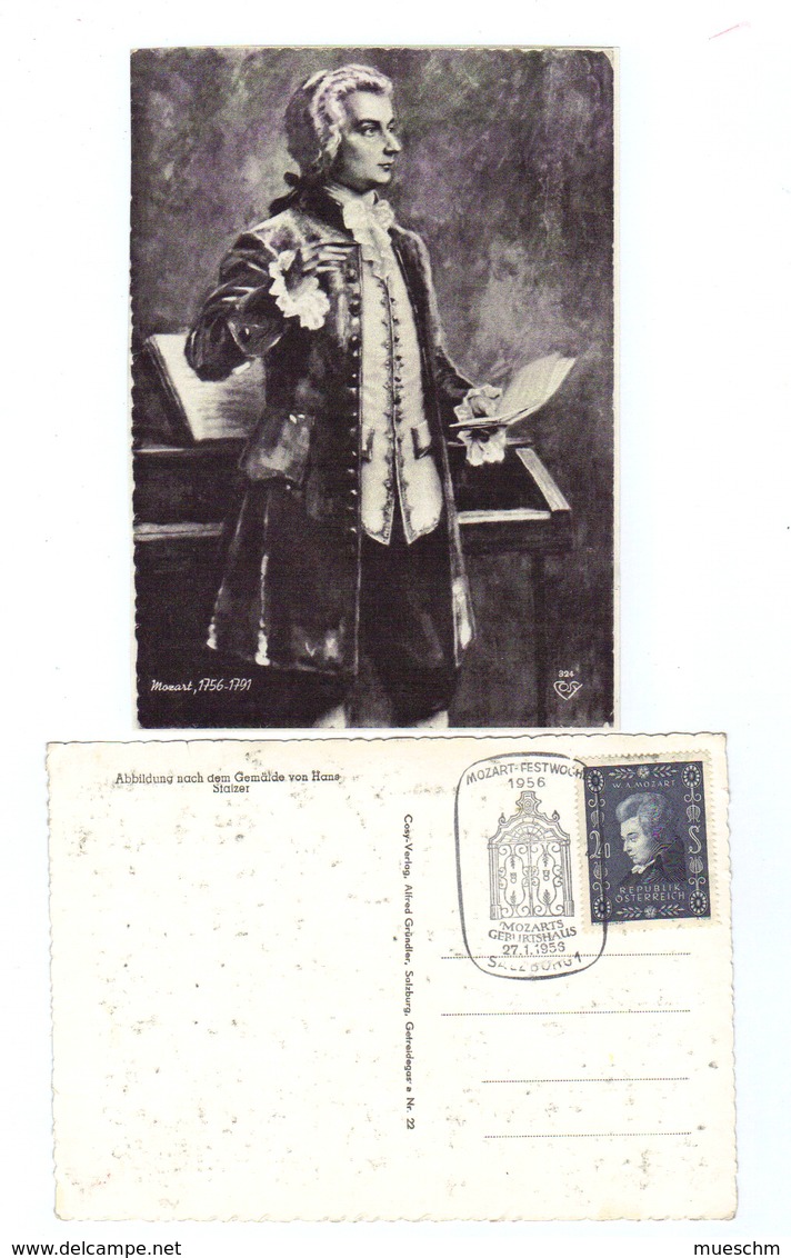 Österreich, 1956, AK Mit Mozart-Bild + Briefm."200. Geburtstag V. W.A.Mozart", MiNr.1024 + SStpl  (12436G) - Briefe U. Dokumente