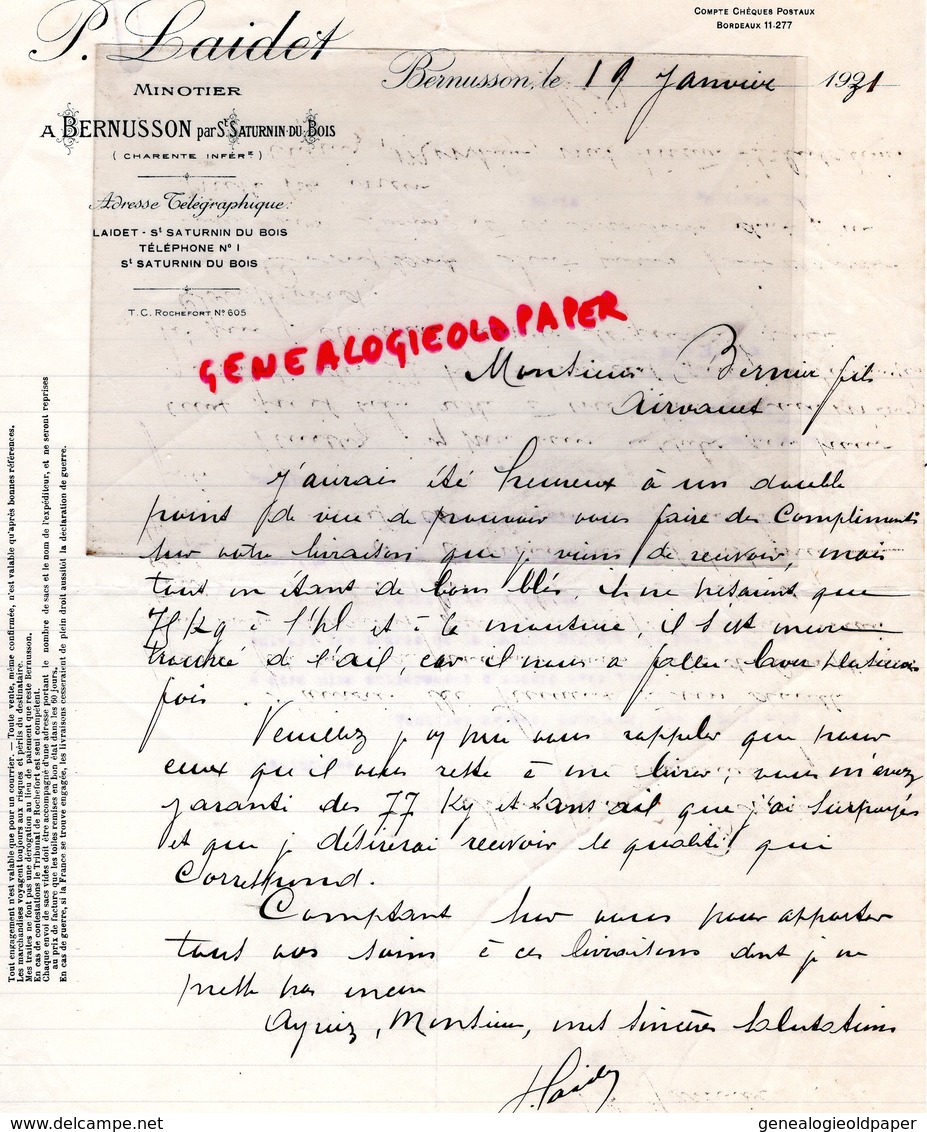 17- BERNUSSON PAR ST SAINT SATURNIN DU BOIS- RARE LETTRE MANUSCRITE P. LAIDET-MINOTIER MINOTERIE-1931 - Straßenhandel Und Kleingewerbe