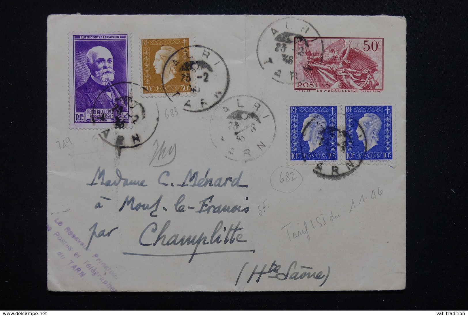 FRANCE - Entier Postal ( Marseillaise ) + Complément ( Dulacs Et Becquerel ) De Albi En 1946 Pour Champlitte - L 22570 - Enveloppes Types Et TSC (avant 1995)