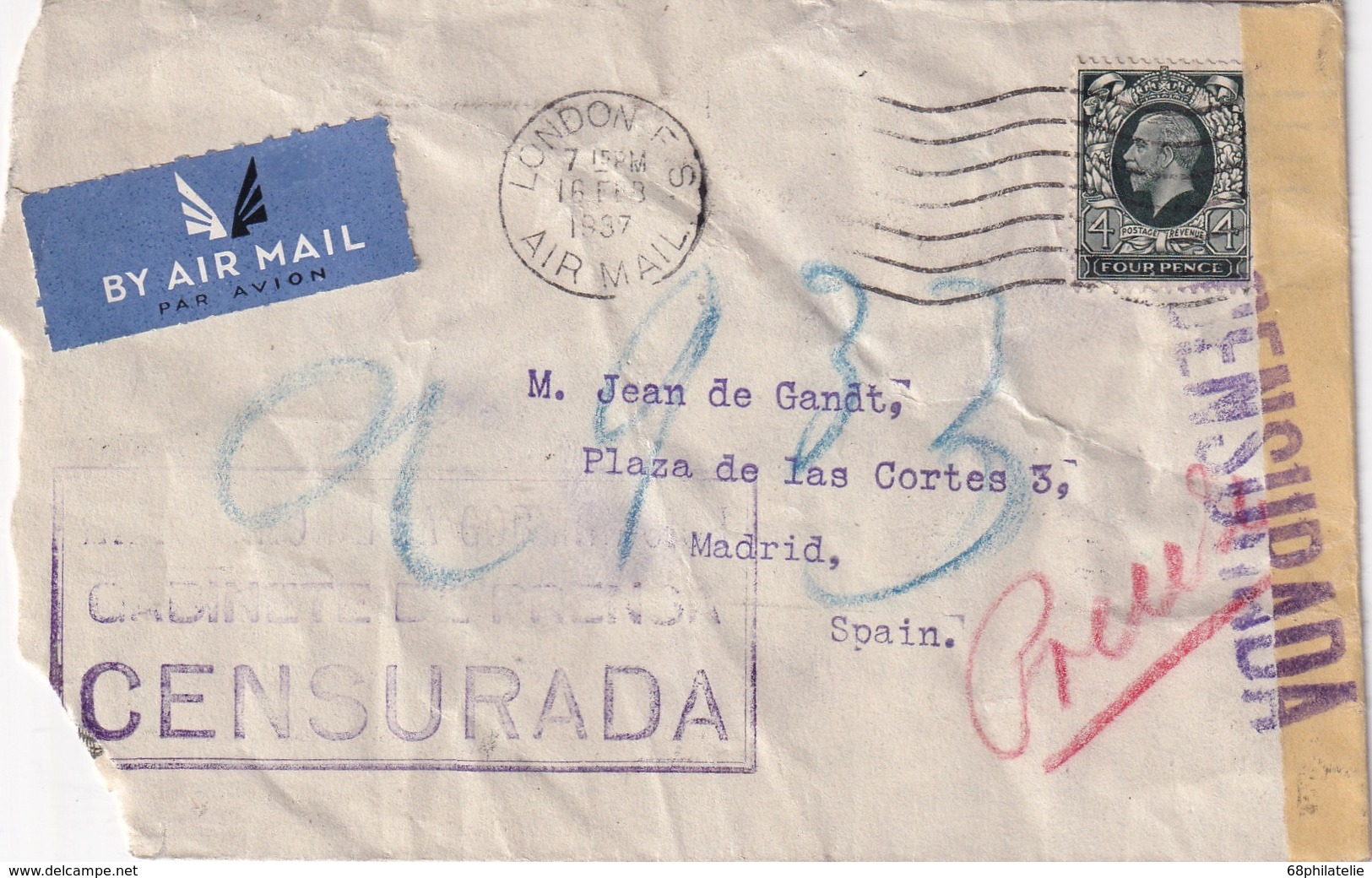 GRANDE-BRETAGNE 1937 LETTRE CENSUREE DE LONDRES POUR MADRID - Lettres & Documents