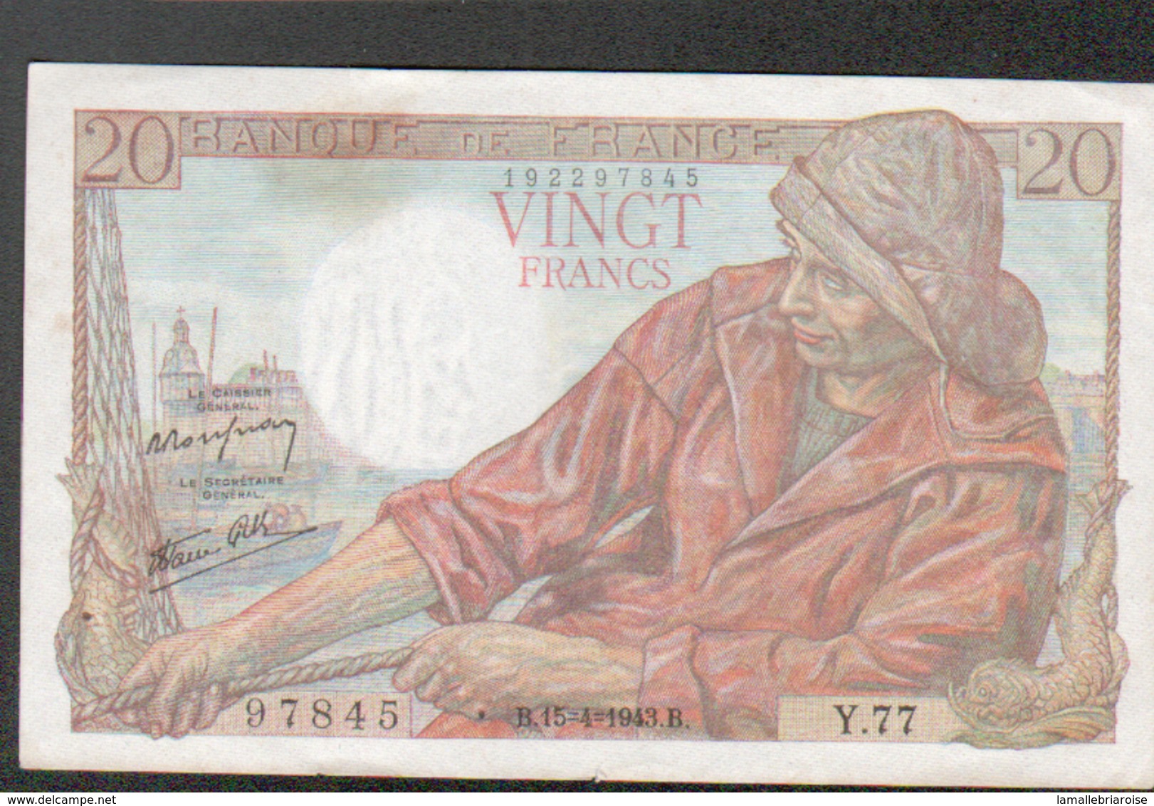 Billet 20 Francs Type Pecheur, B.15=4=1943.B, Alphabet Y77 N°97845 - 20 F 1942-1950 ''Pêcheur''