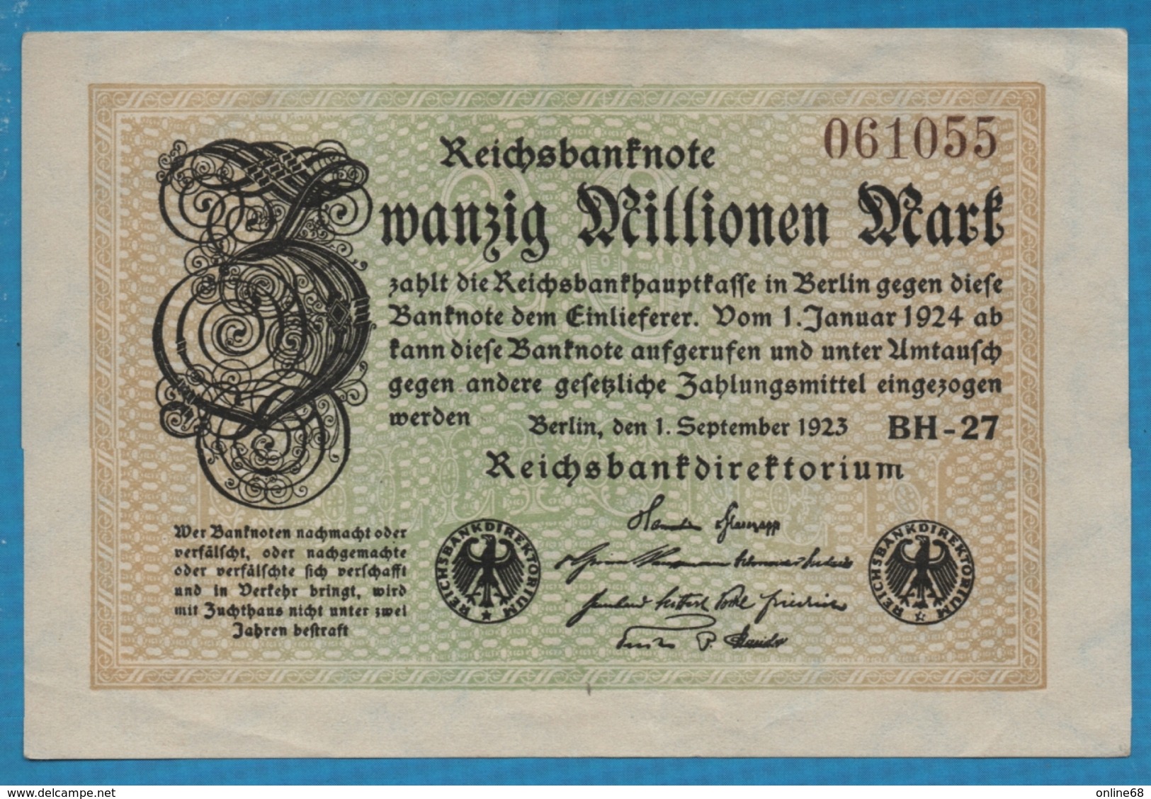 DEUTSCHES REICH 		20 Millionen Mark	01.09.1923	Serial BH-27 # 061055 P# 108c - 20 Miljoen Mark