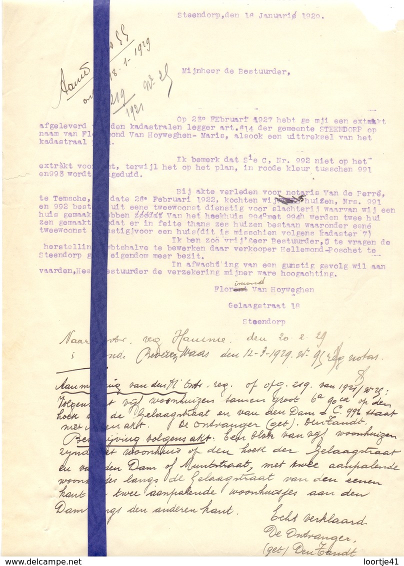 Brief Lettre - Florimond Van Hoyweghen  Steendorp - Naar Kadaster 1932 + Brief Met Antwoord - Unclassified