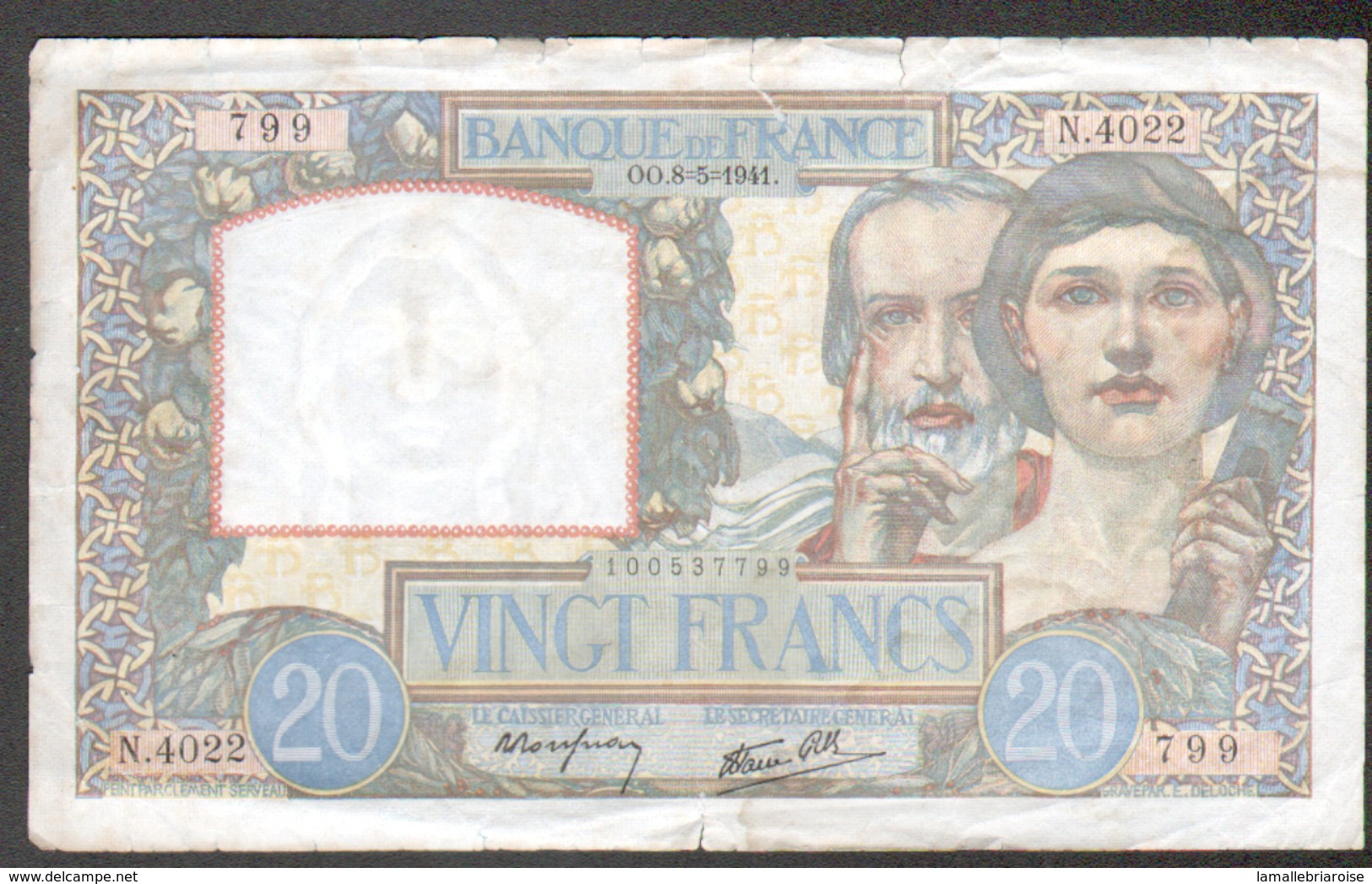 Billet 20 Francs Type Science Et Travail, OO.8=5=1941, Alphabet N4022 N°799 - 20 F 1939-1942 ''Science Et Travail''