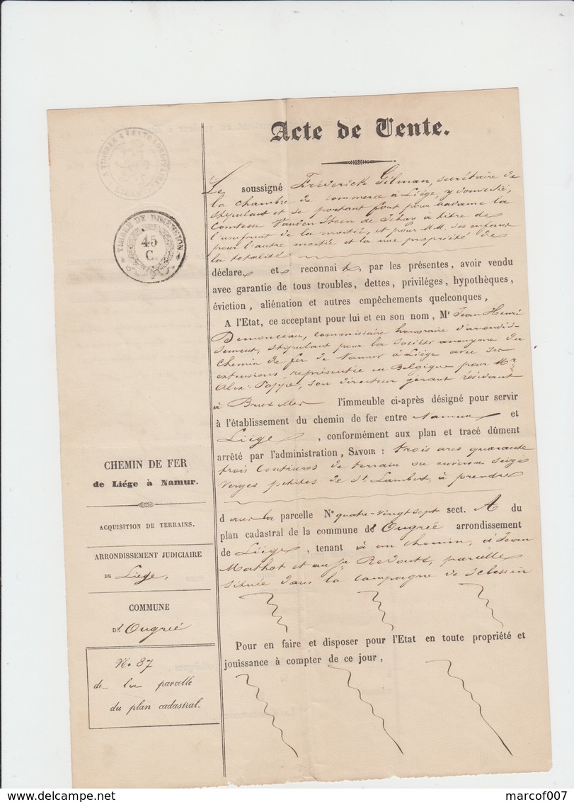 OUGREE - CHEMIN DE FER LIEGE NAMUR -  VENTE PARCELLE TERRAIN  - COMTESSE ET BARON  VAN DEN STEEN DE JEHAY 1852 - Documents Historiques