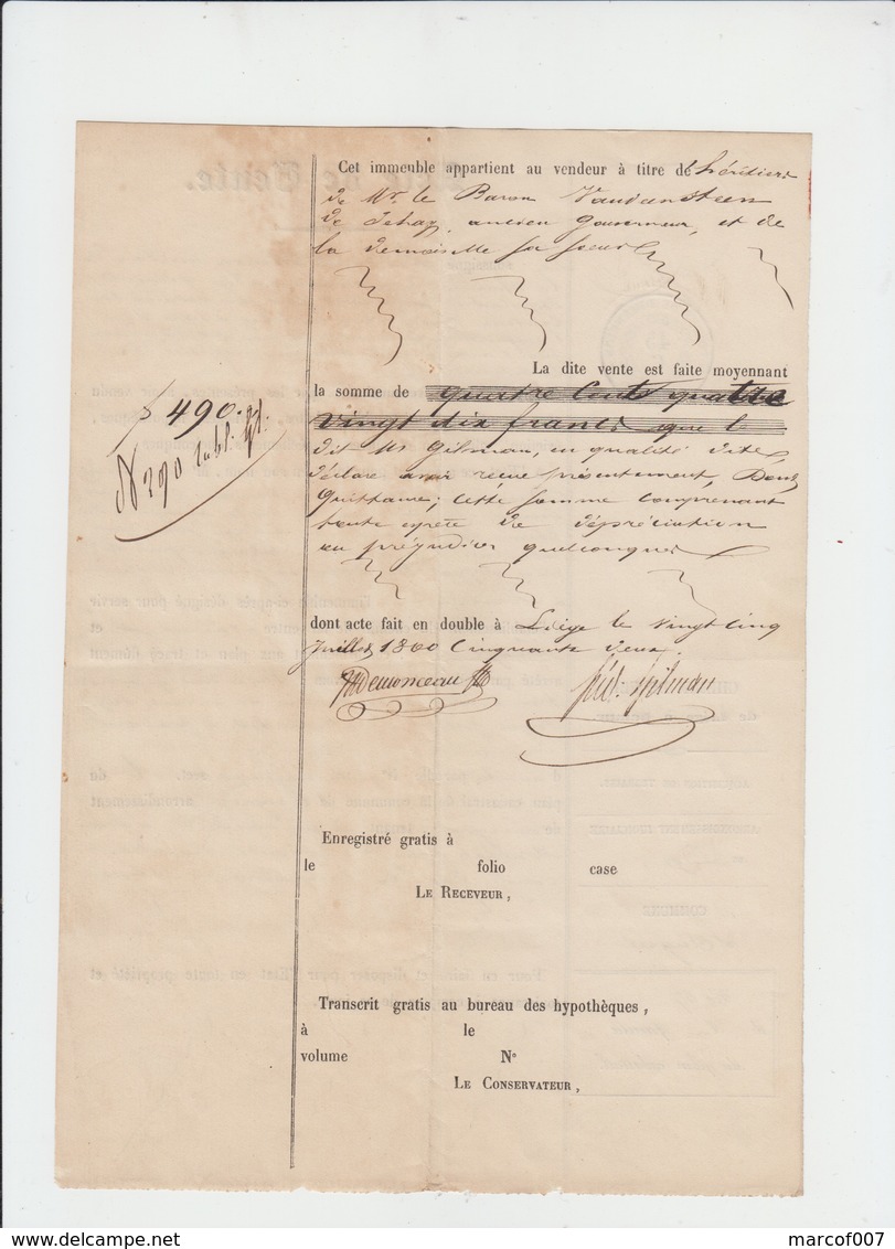 OUGREE - CHEMIN DE FER LIEGE NAMUR -  VENTE PARCELLE TERRAIN  - COMTESSE ET BARON  VAN DEN STEEN DE JEHAY 1852 - Documents Historiques