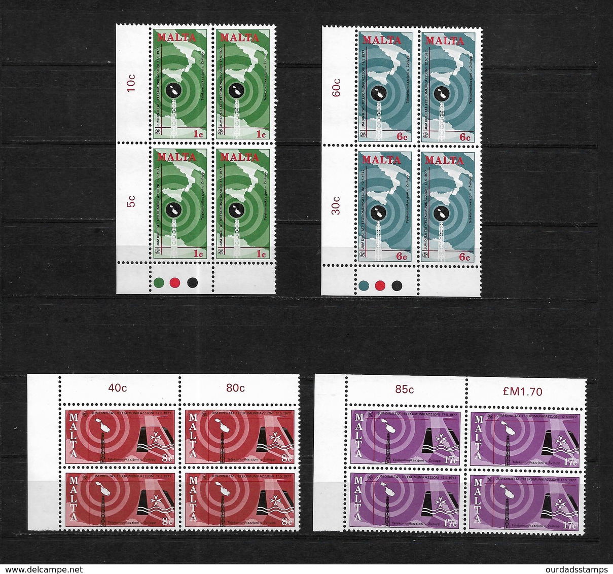 Malta 1977 Telecommunication Day, Complete Set In MNH Corner Marginal Blocks Of Four (7533) - Malta