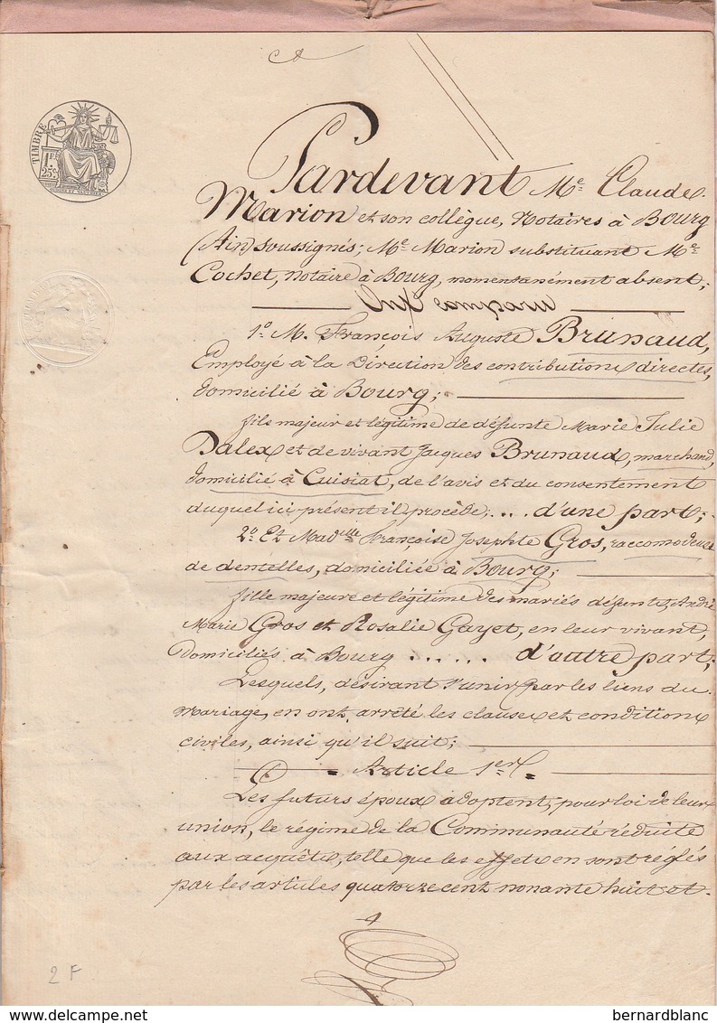 VP 2 FEUILLES - 1853 - MARIAGE ENTRE BRUNAUX ET GROS - BOURG - CUISIAT - Manuscrits